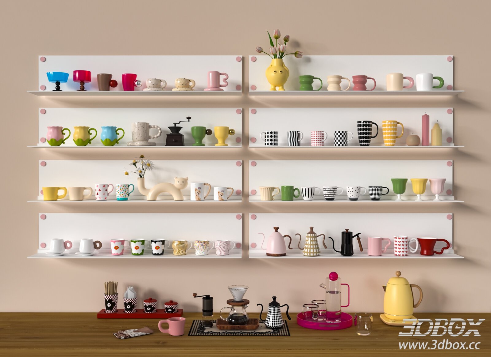 Modern Cup Set with Shelves 3D model - thumbnail 1