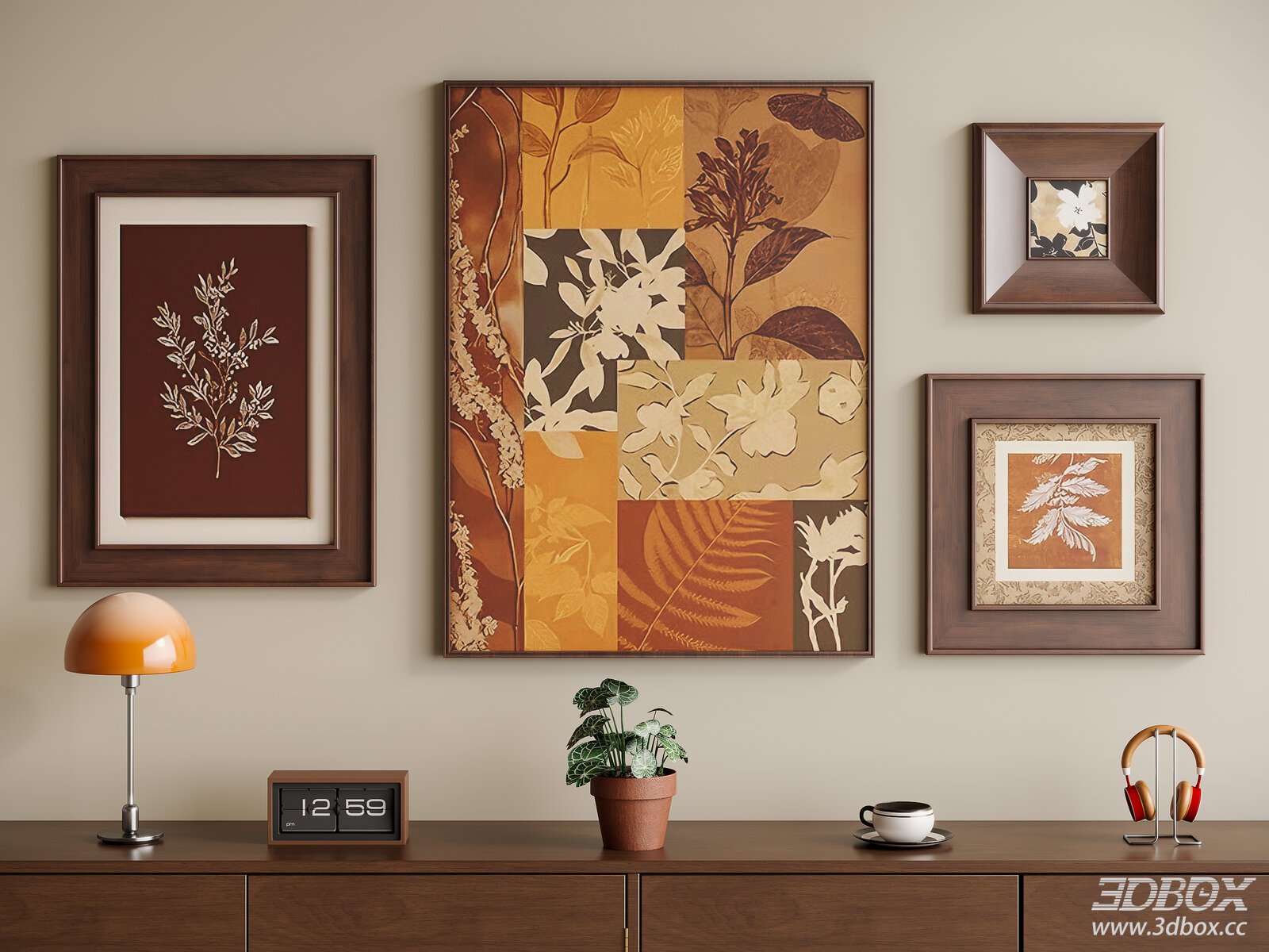 Mid - Century Style Framed Art Set 3D model - front view