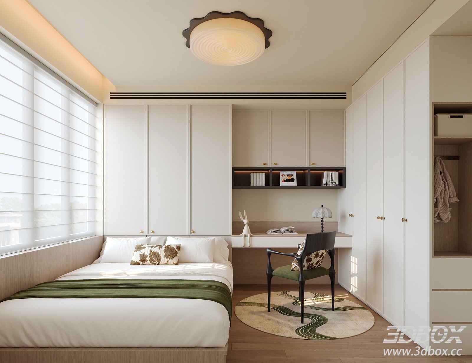 Modern Bedroom with Wardrobe and Desk 3D model - thumbnail 1