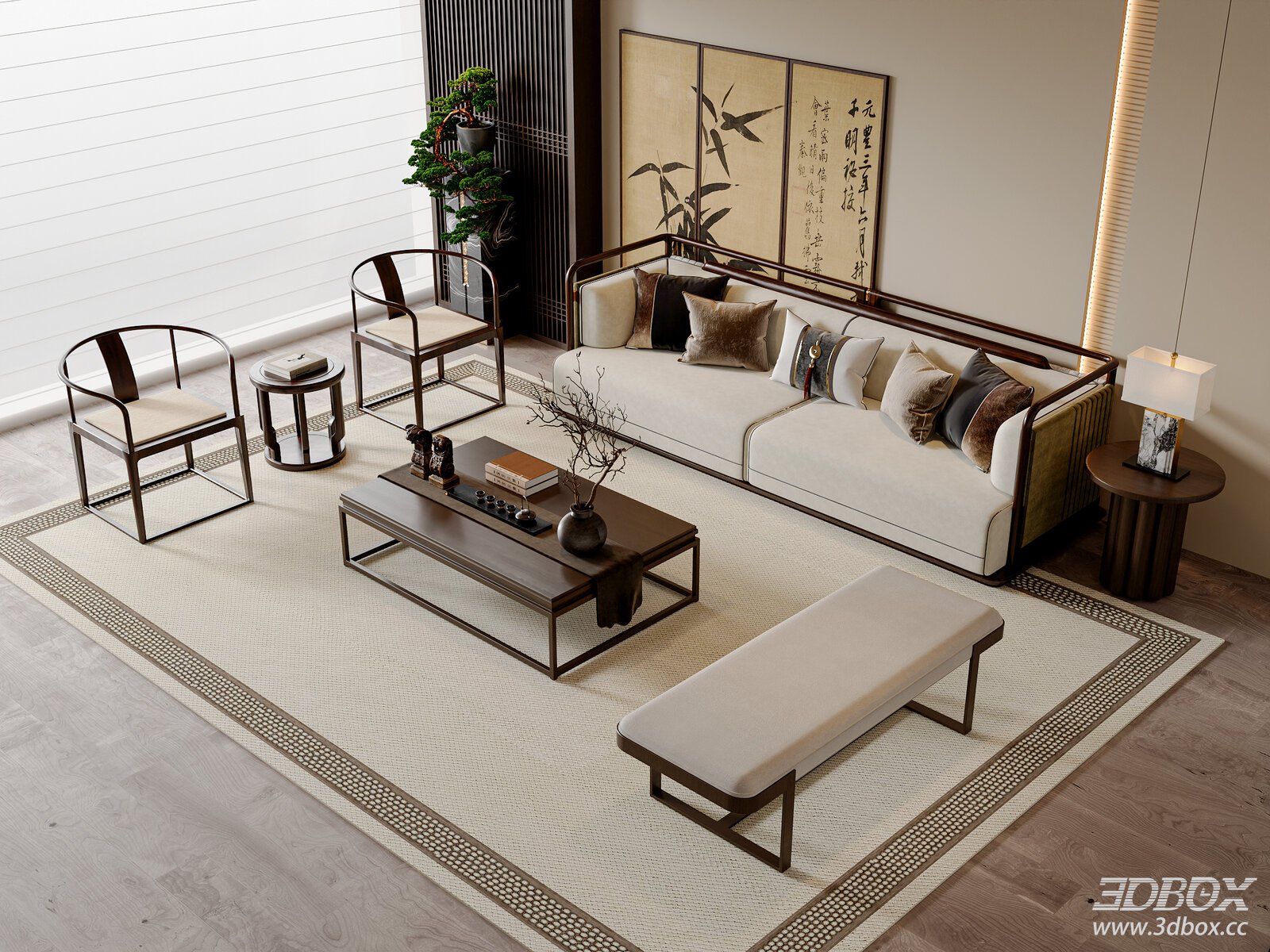 Chinese - style Sofa Set with Armchairs and Coffee Table 3D model - front view
