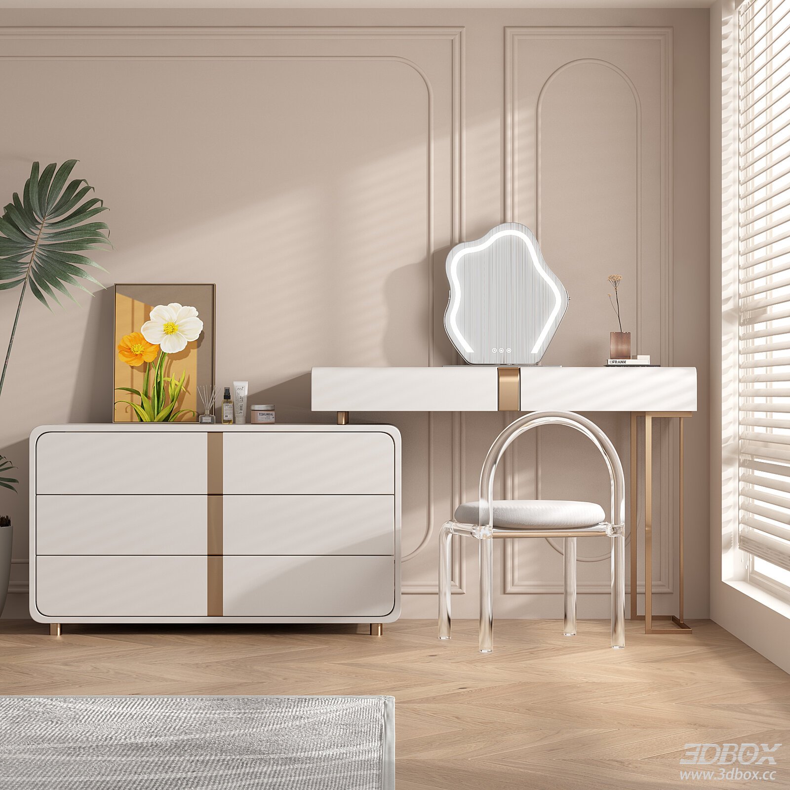 Modern Dressing Table and Chair Set 3D model - front view