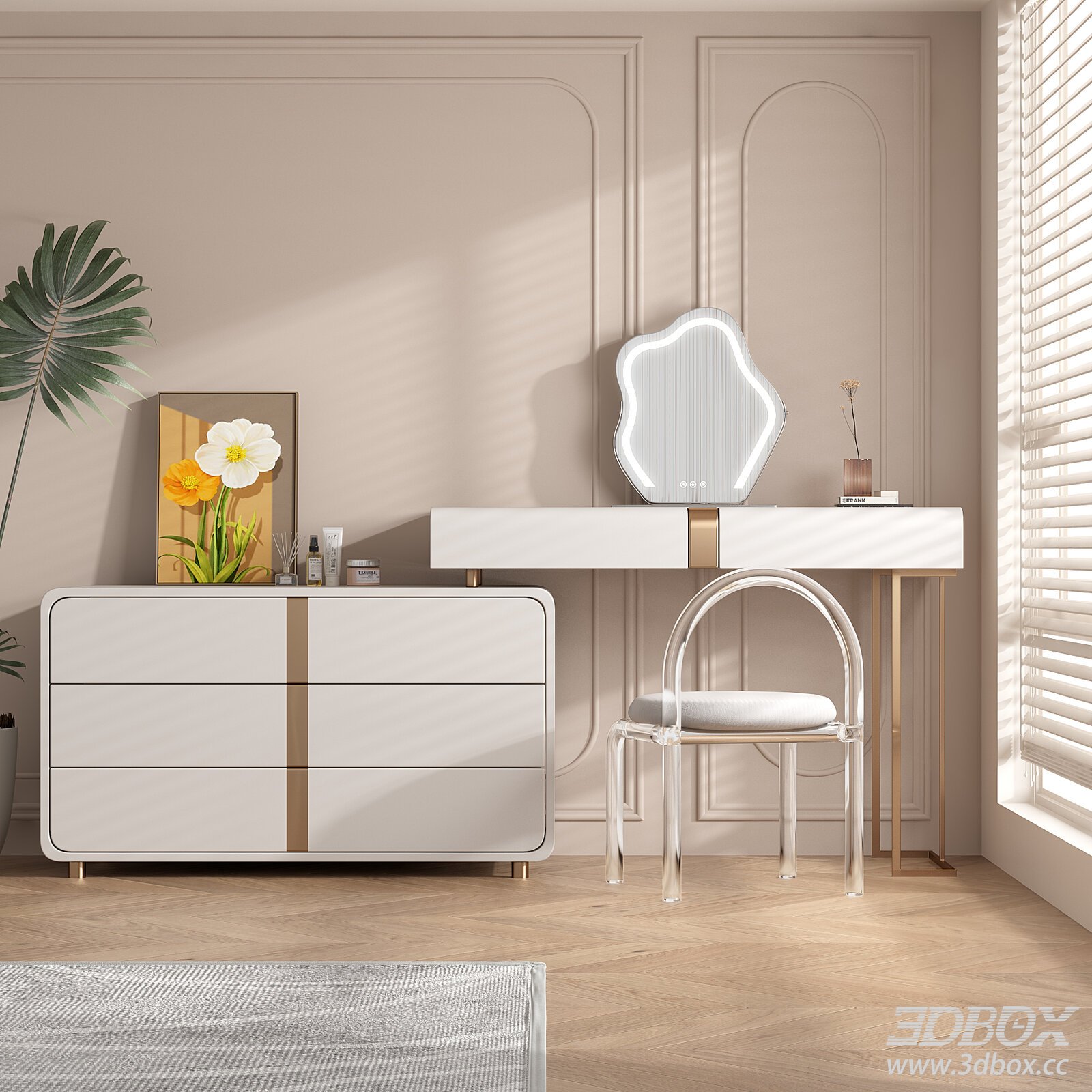 Modern Dressing Table and Chair Set 3D model - thumbnail 1