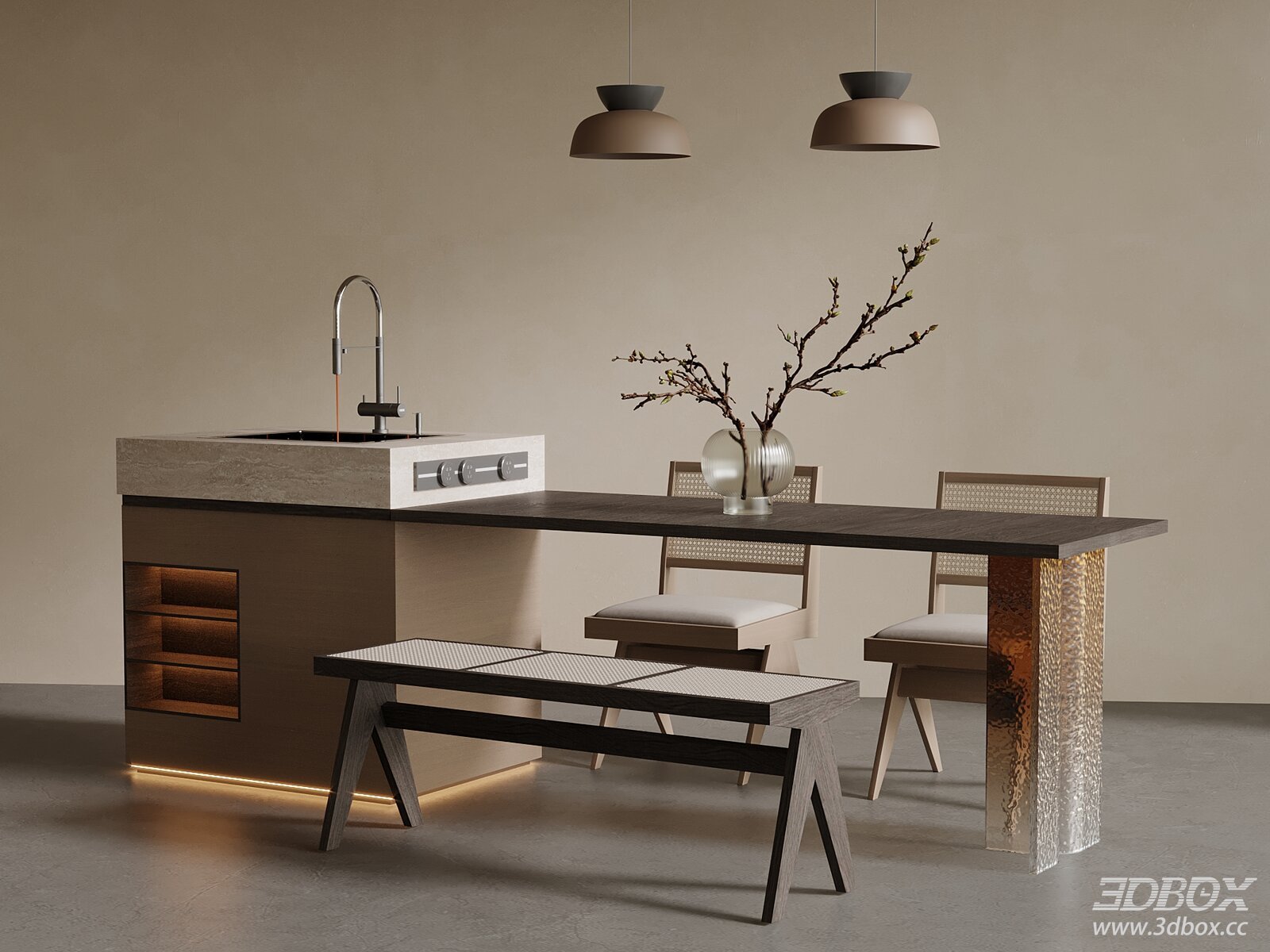 Vintage Island Counter and Dining Table Set 3D model - thumbnail 1