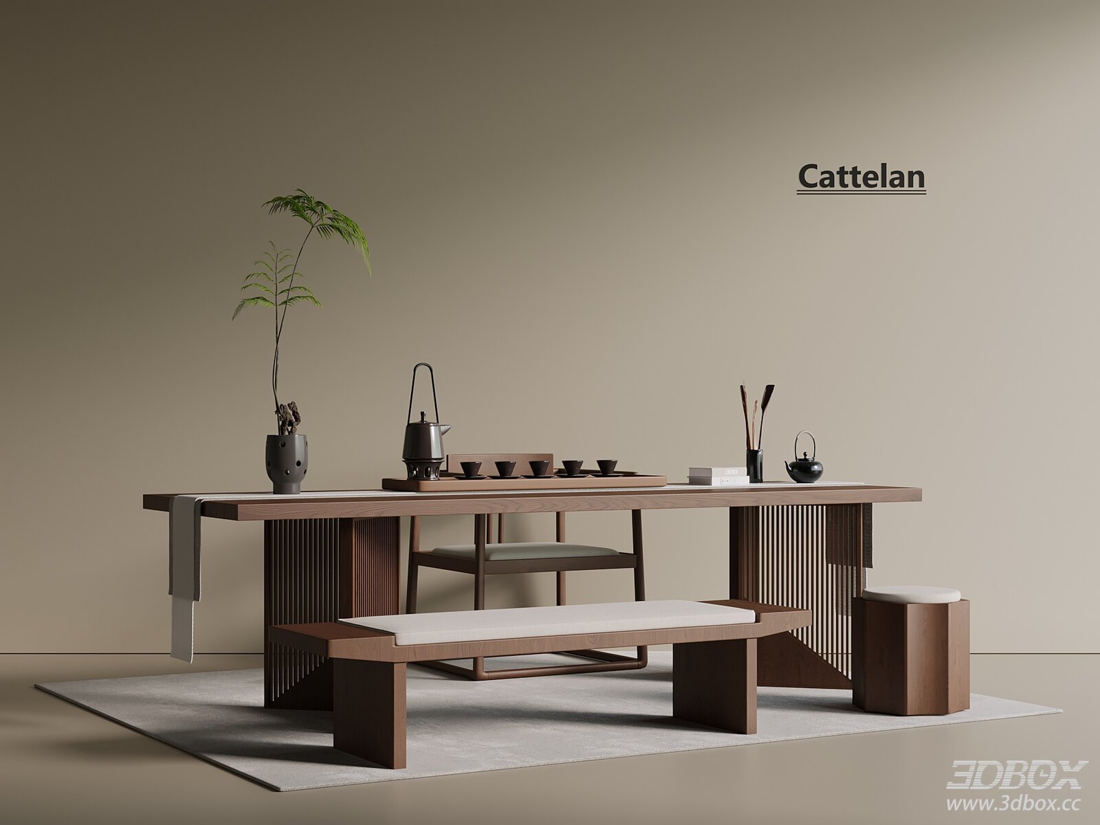 Chinese - Style Tea Dining Table and Chairs 3D model - front view