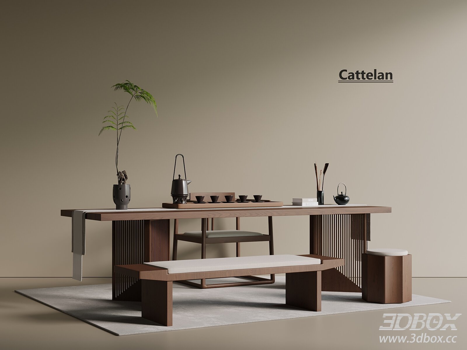 Chinese - Style Tea Dining Table and Chairs 3D model - thumbnail 1
