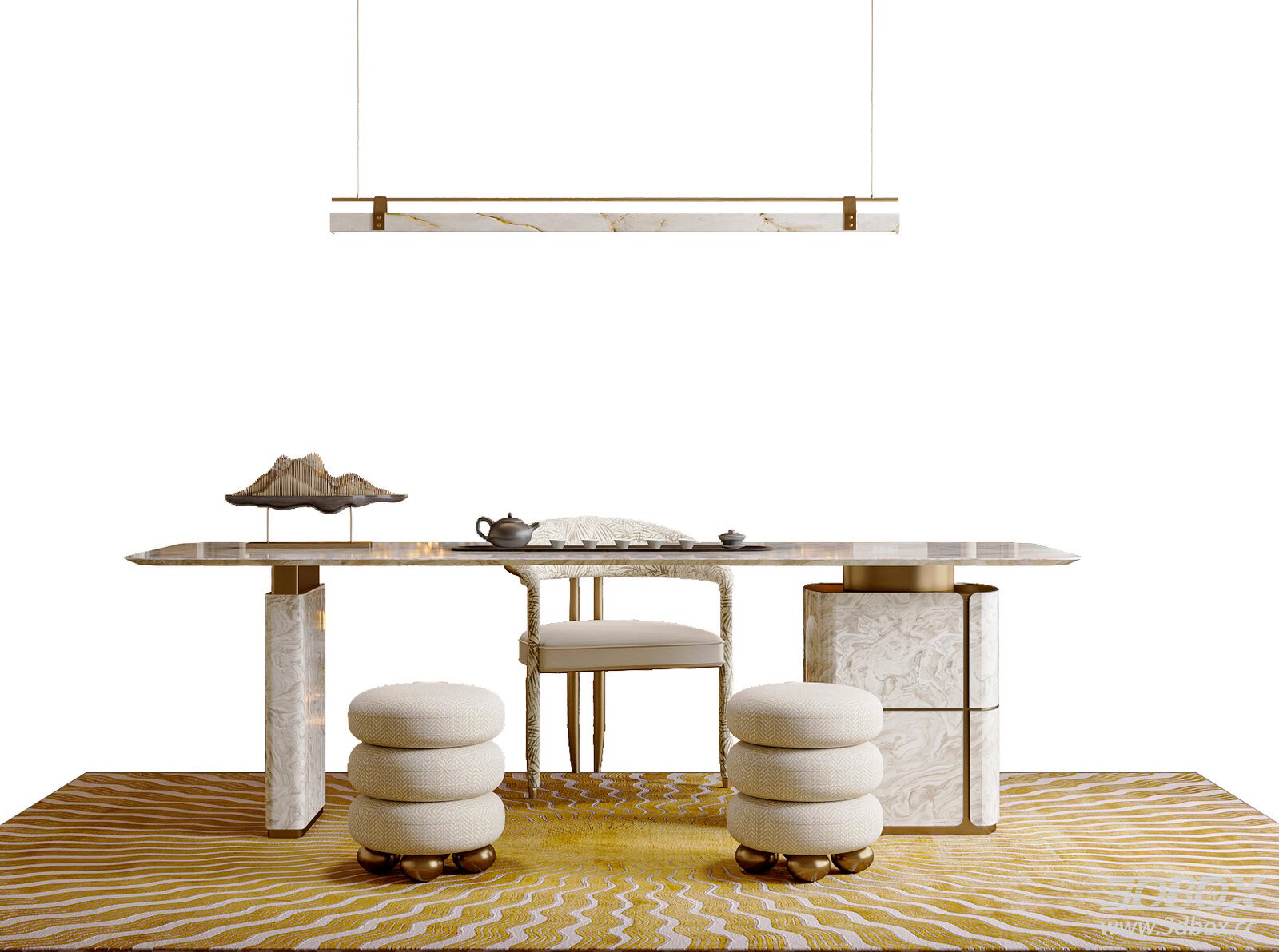 Luxury Tea Table and Chair Set with Chandelier 3D model - front view