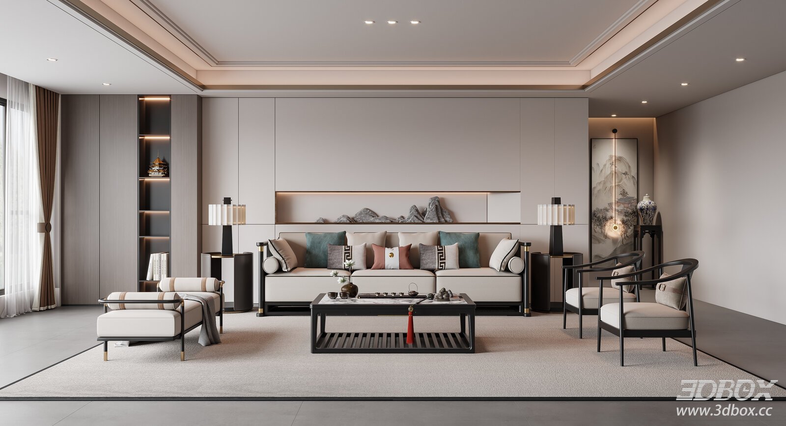 Chinese - style Living Room 3D model - front view