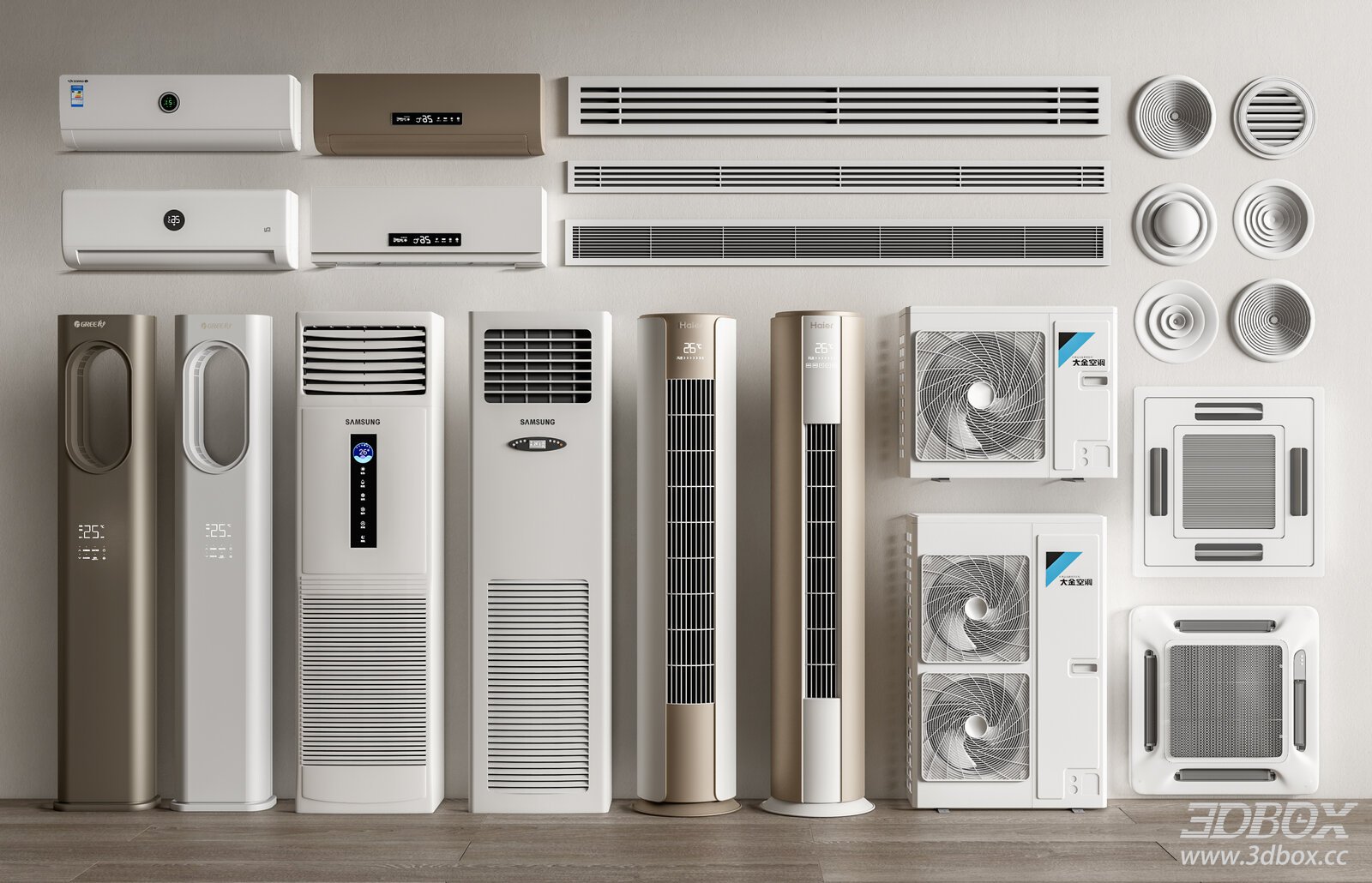 Air Conditioner Set - Wall - Standing - Ceiling 3D model - front view