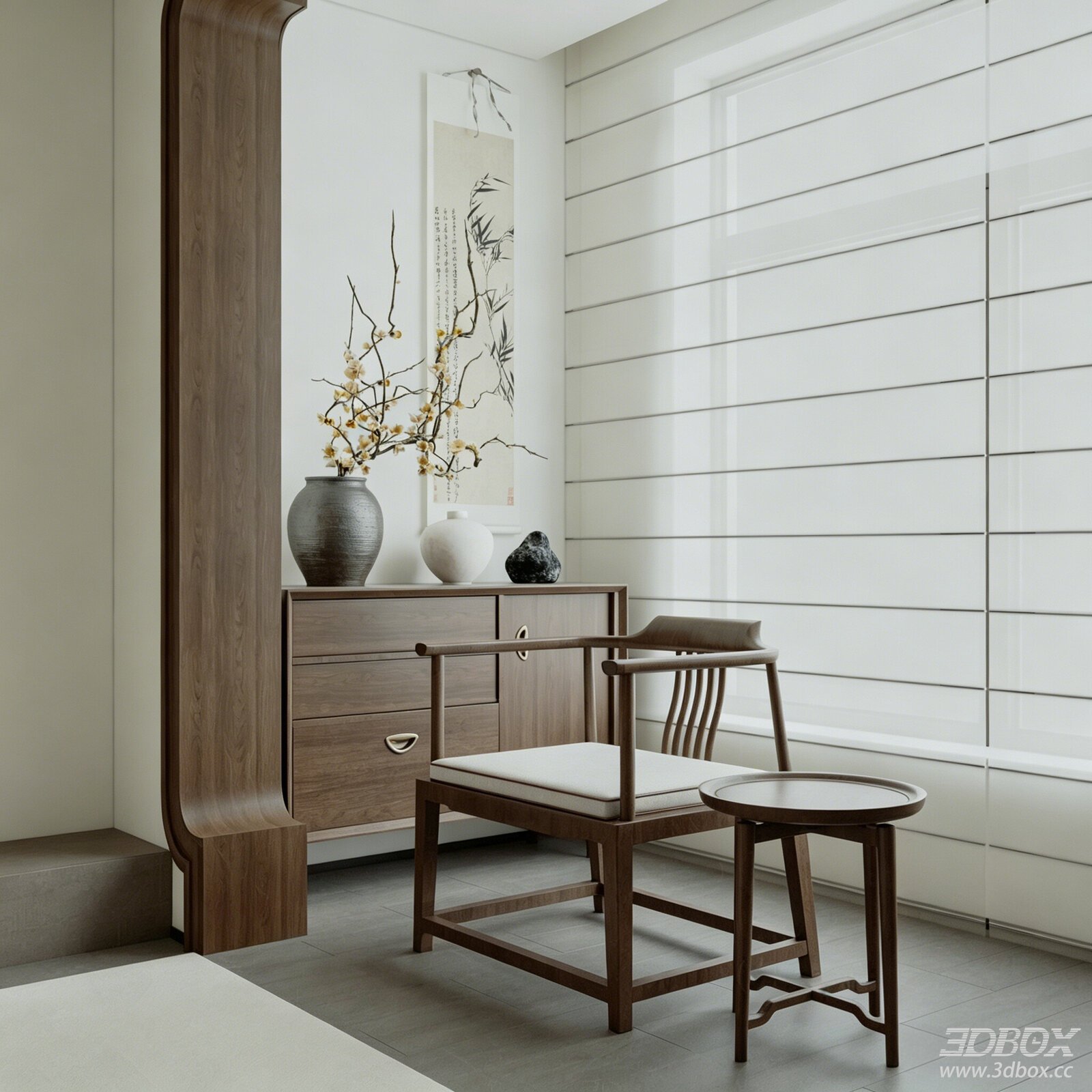 Chinese - Style Sideboard and Armchair 3D model - front view