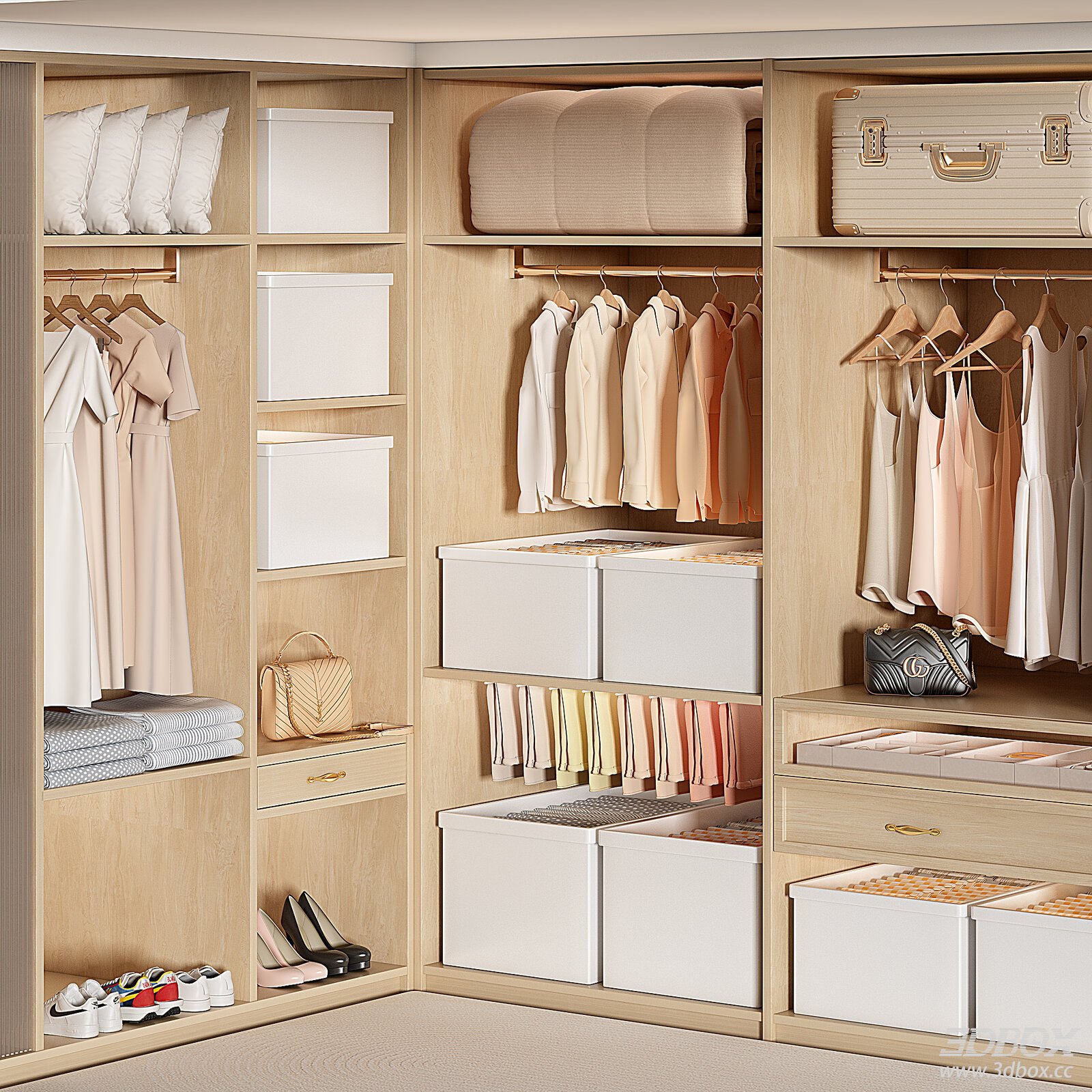Modern Corner Wooden Wardrobe 3D model - front view