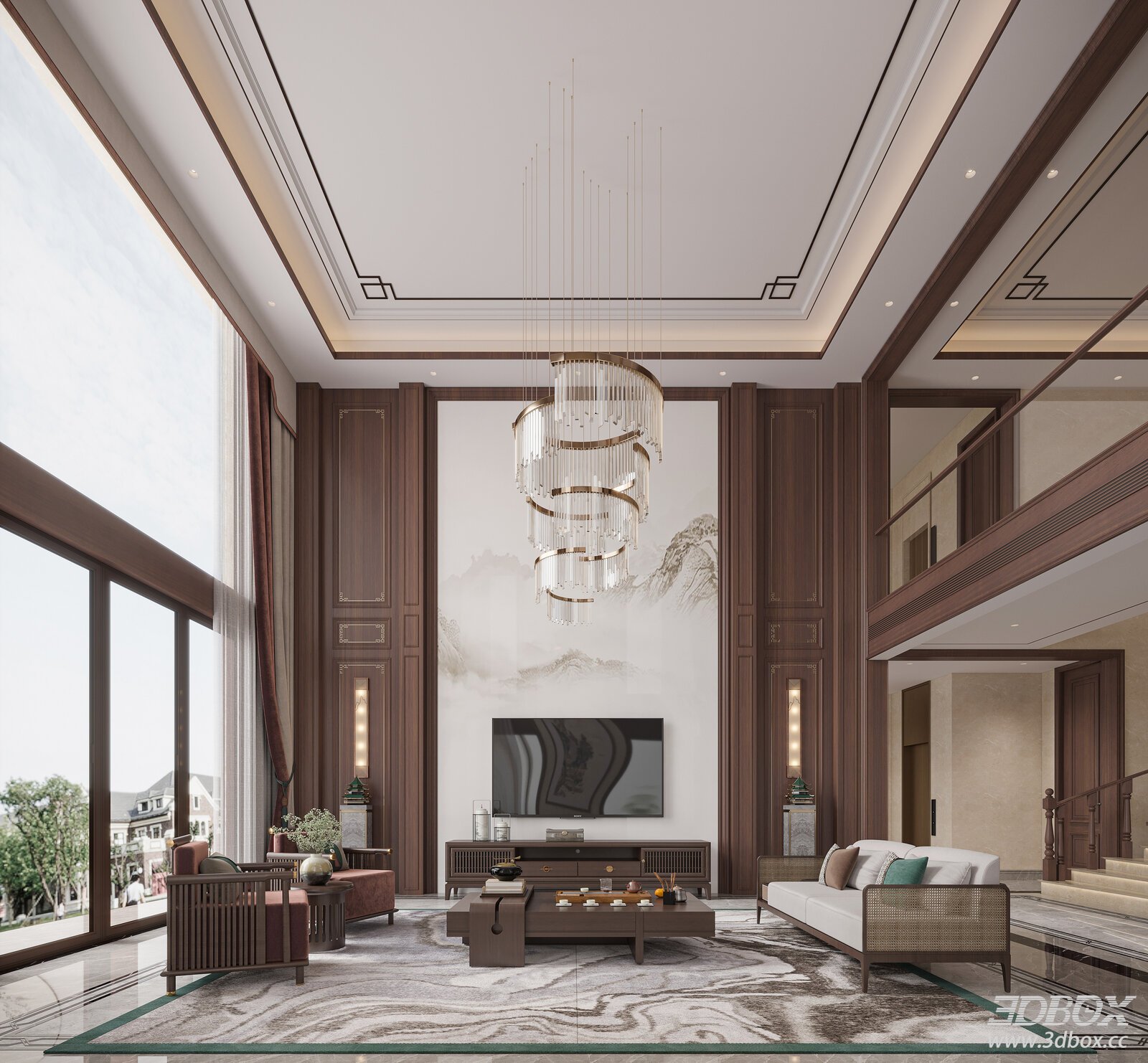 Chinese - style Living Room Sofa Set with Chandelier 3D model - front view