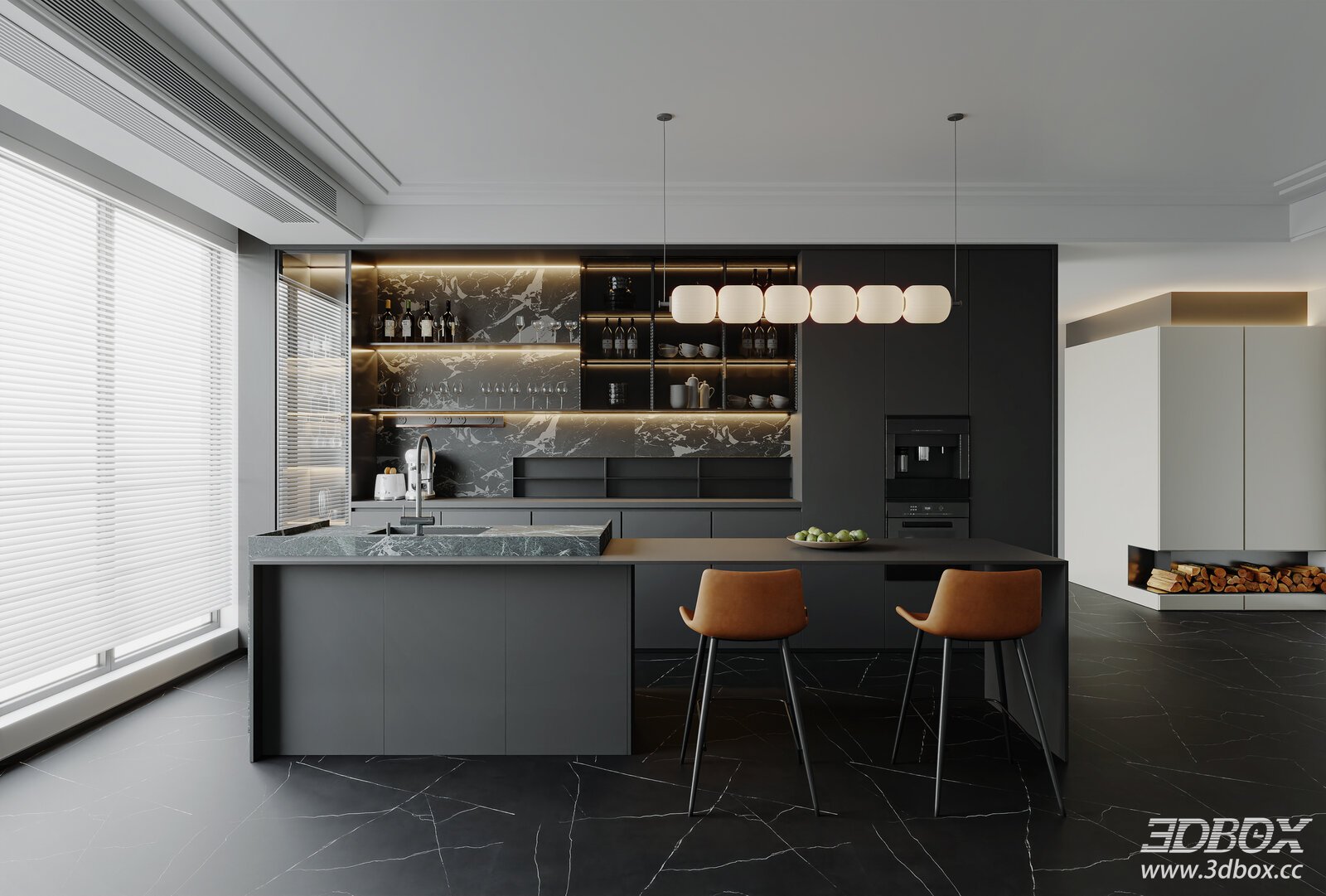 Modern Italian Open - style Kitchen and Dining Area 3D model - front view