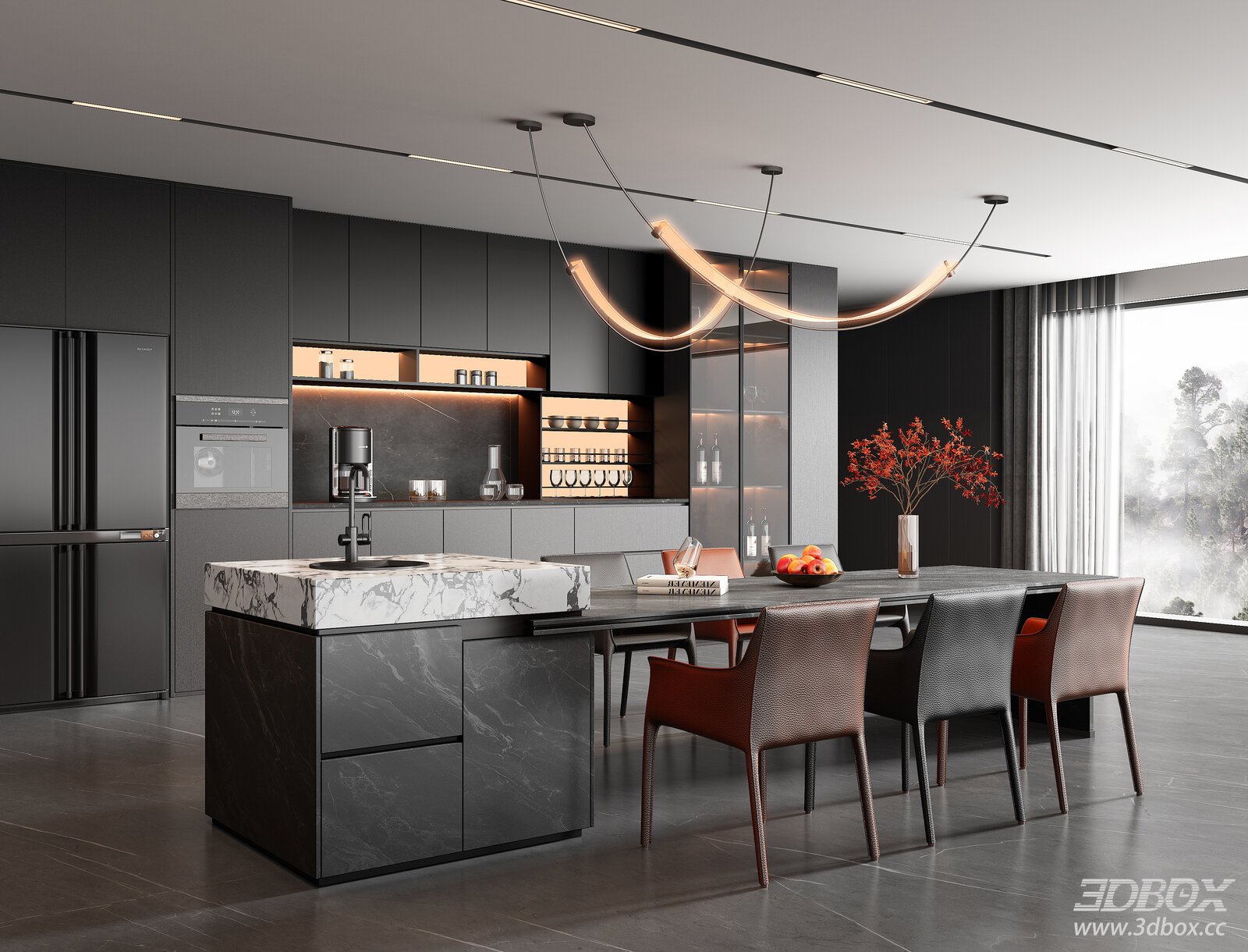 Modern Italian Island Kitchen - Dining Space 3D model - front view