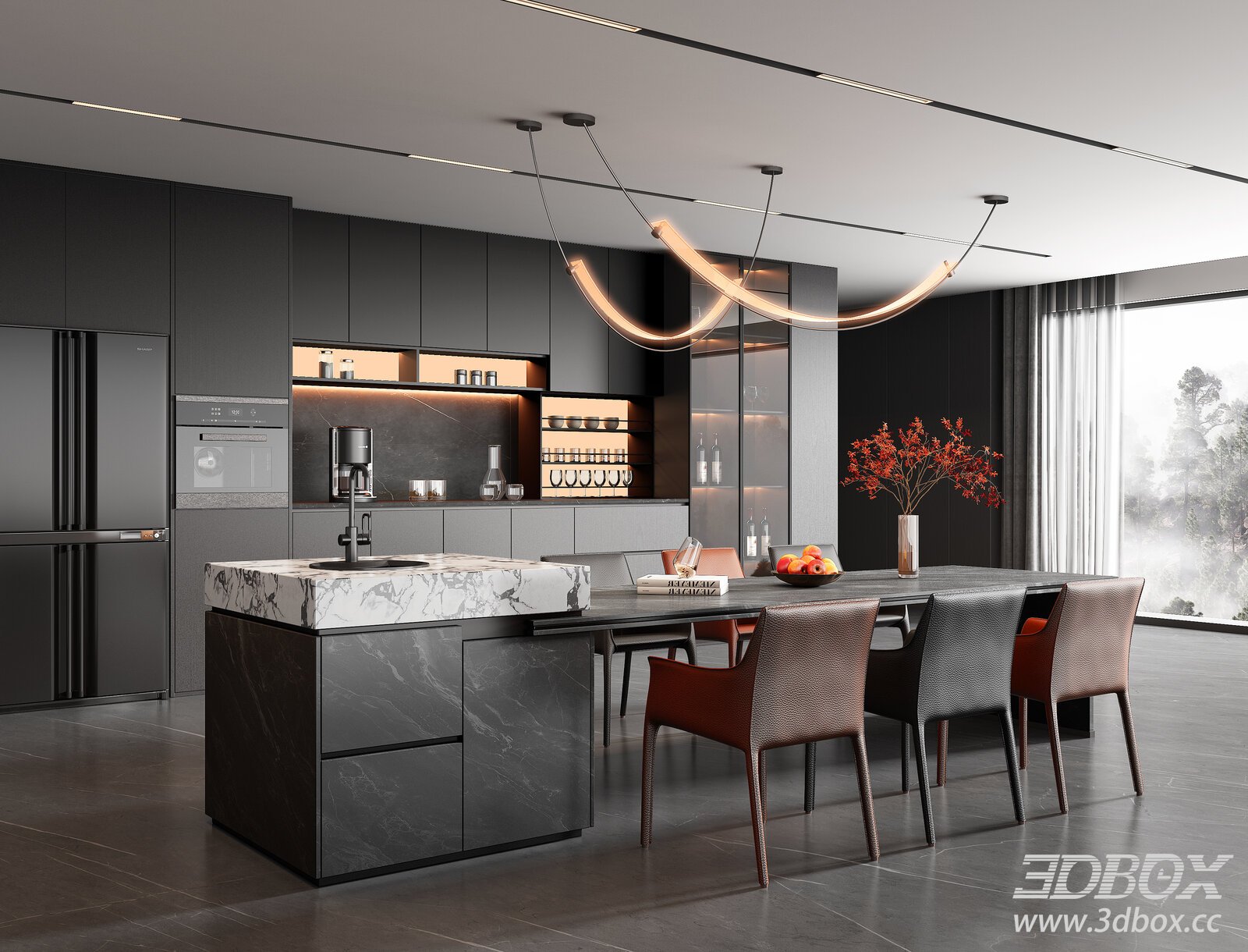 Modern Italian Island Kitchen - Dining Space 3D model - thumbnail 1