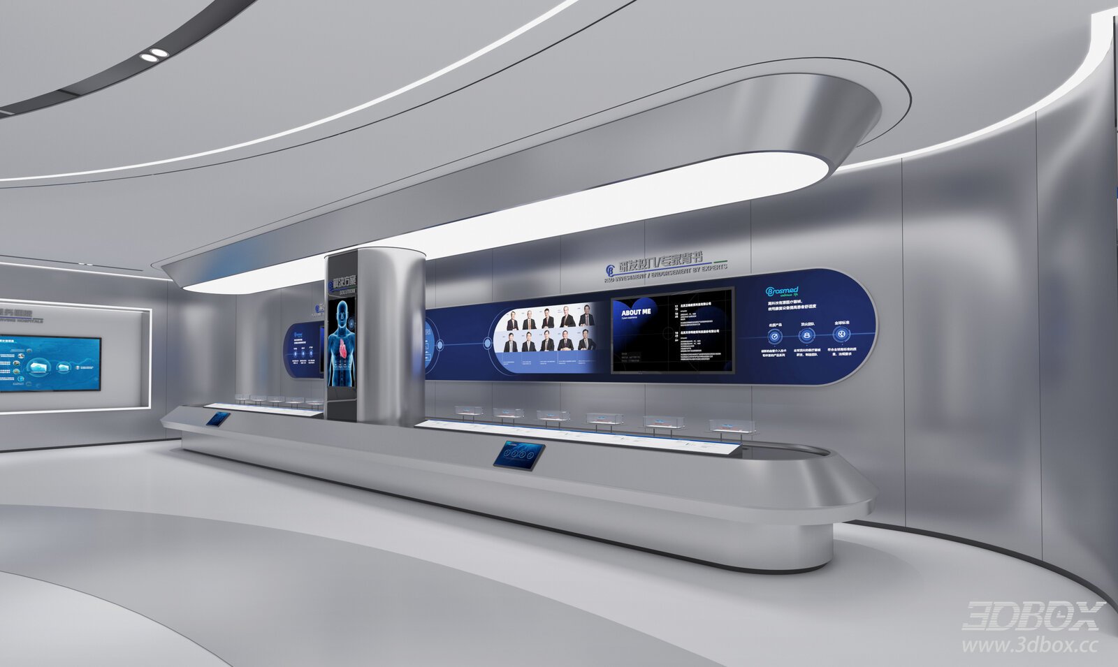 Modern Medical Exhibition Hall with Metallic Texture 3D model - front view