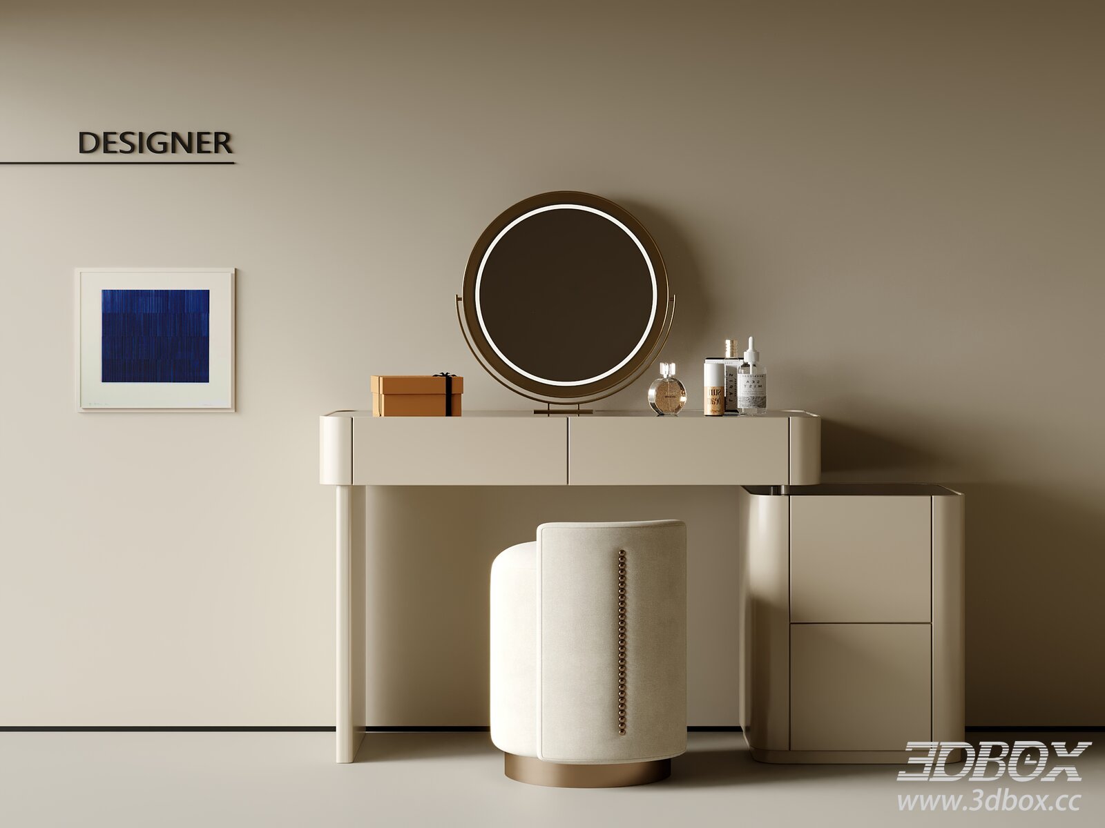 Modern Dressing Table with Stool and Mirror 3D model - thumbnail 1