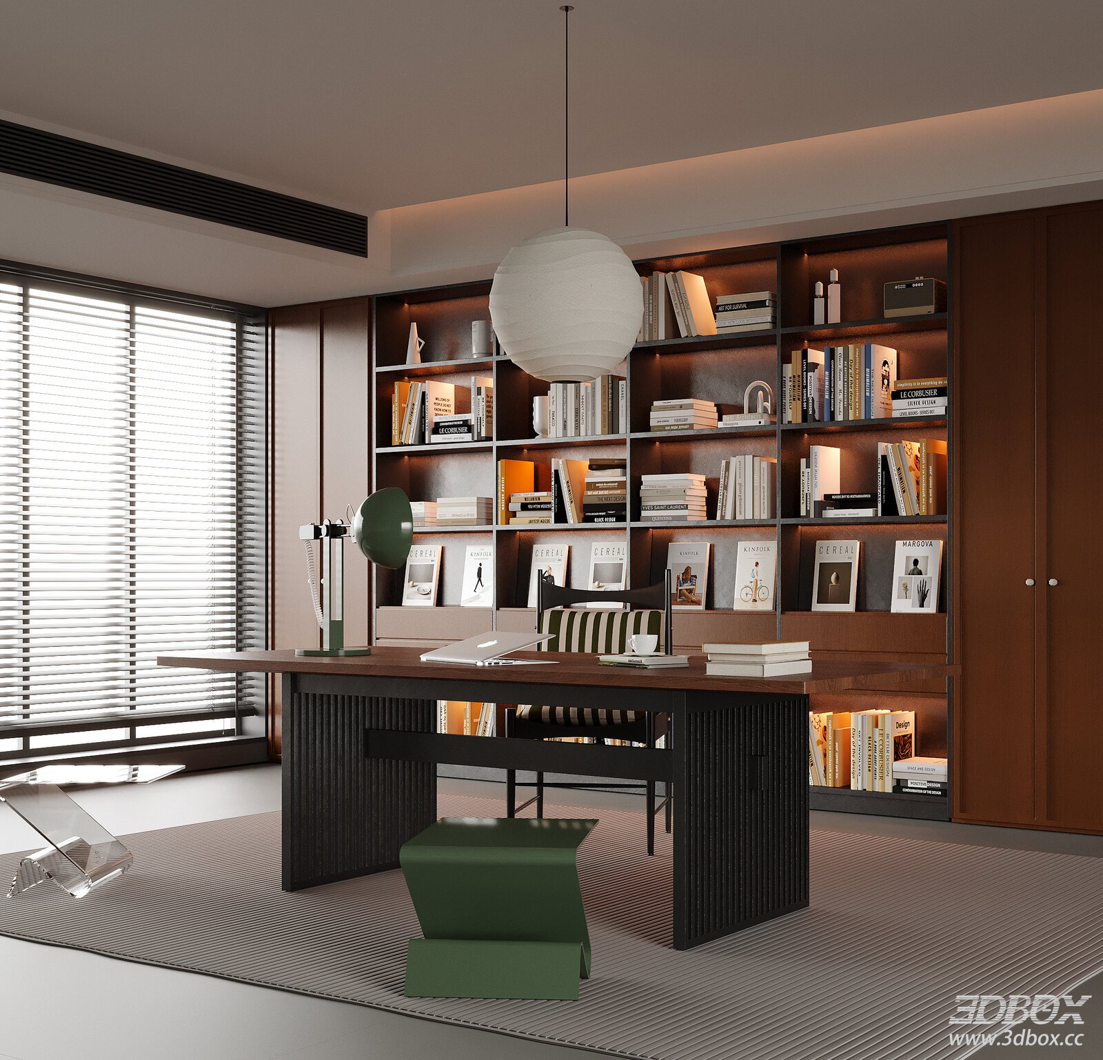 Modern Study Room with Desk and Bookshelf 3D model - front view
