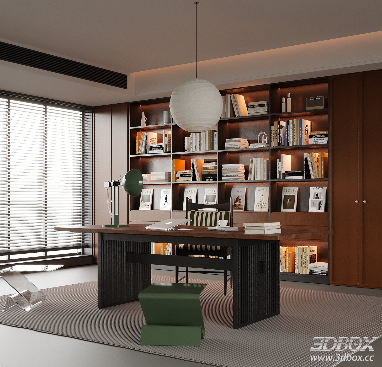 Modern Study Room with Desk and Bookshelf 3D model - thumbnail 1