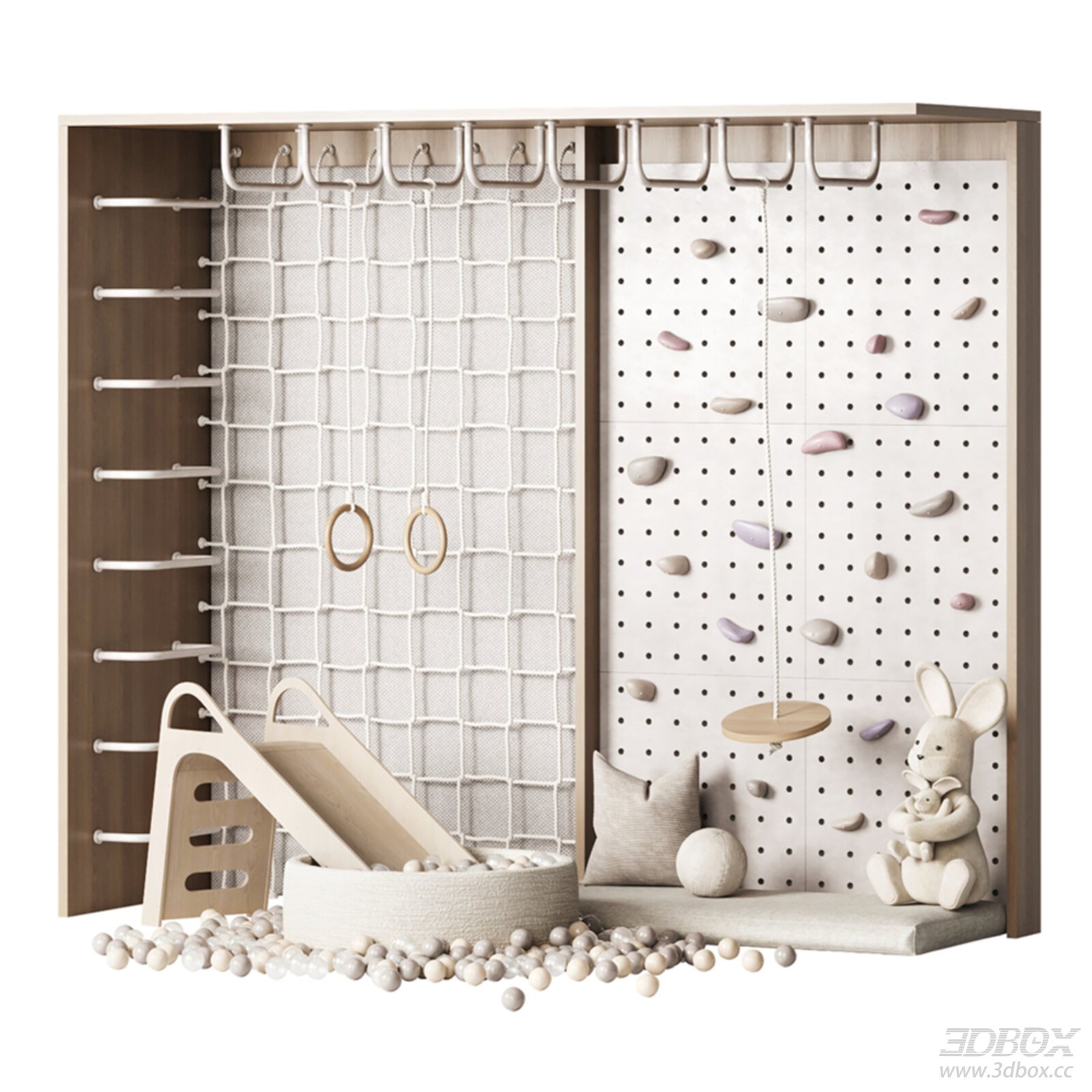 Contemporary Kids' Play Area with Climbing Wall and Slide 3D model - front view