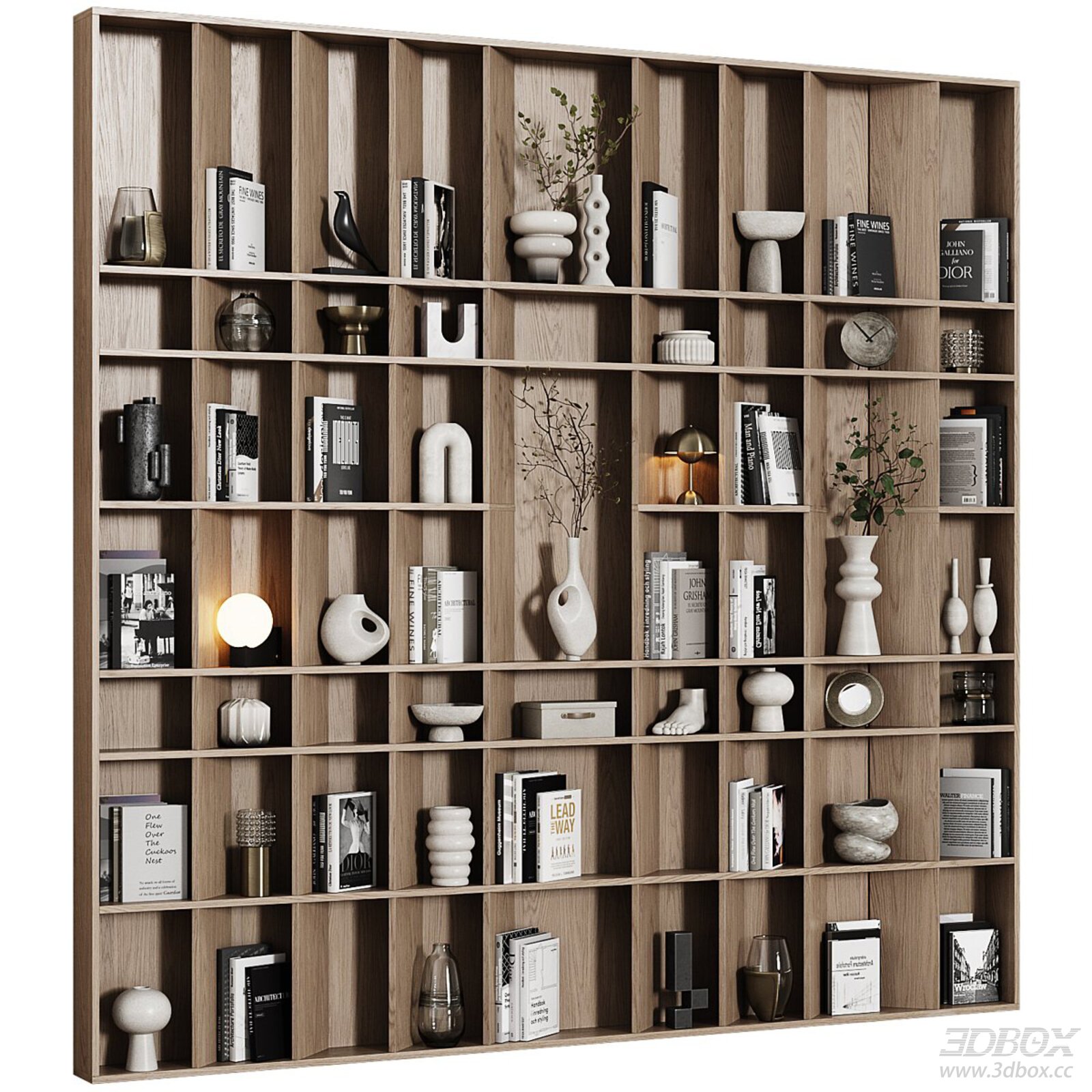Modern Wooden Bookshelf with Decor 3D model - front view