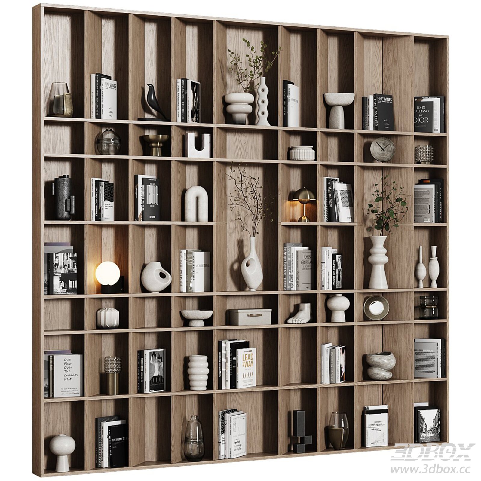 Modern Wooden Bookshelf with Decor 3D model - thumbnail 1