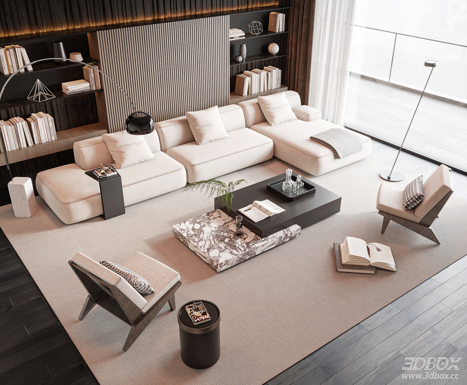 Modern Living Room with Sofa Set and Coffee Table 3D model - front view