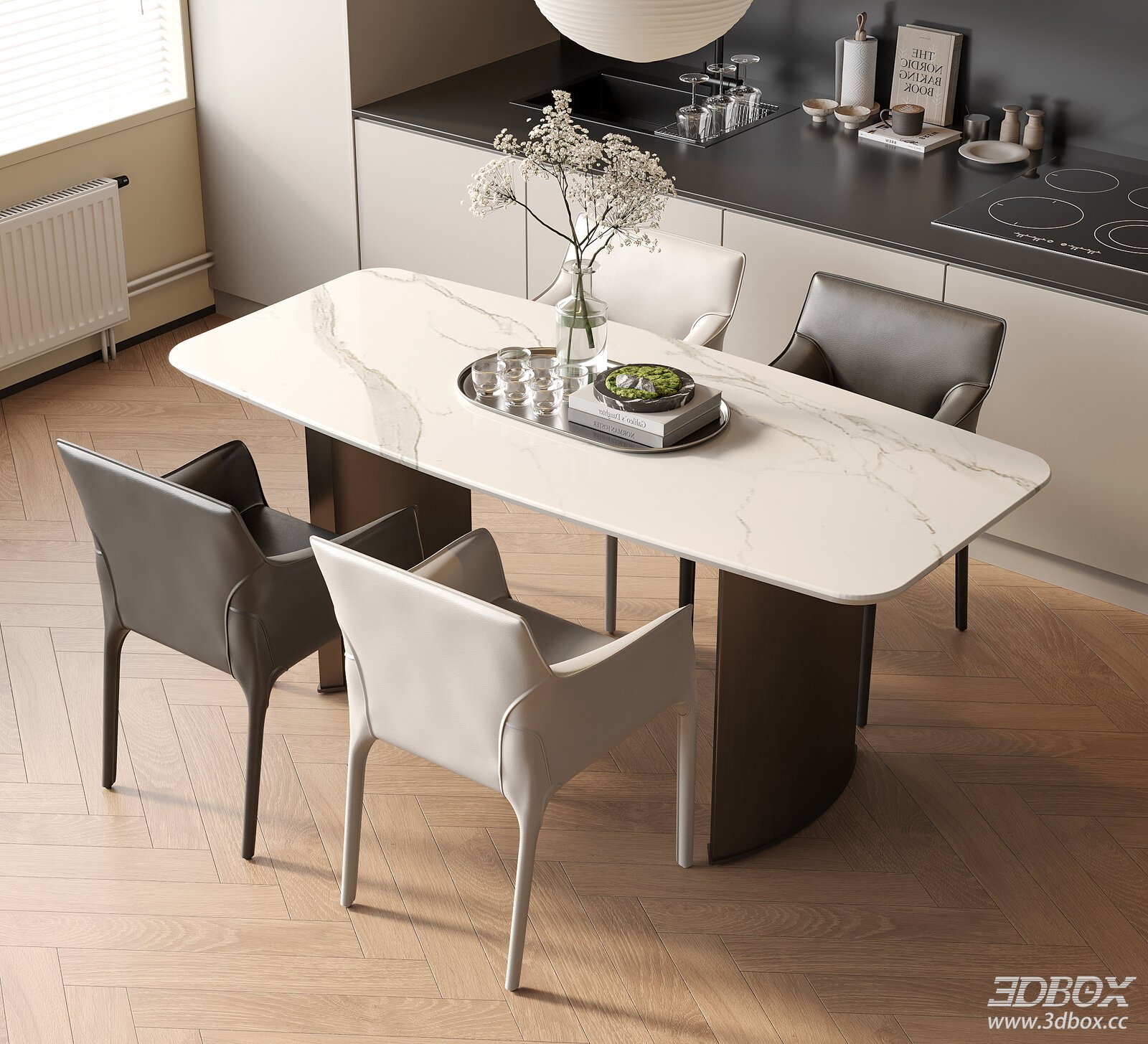 Modern Dining Table and Chairs Set 3D model - front view