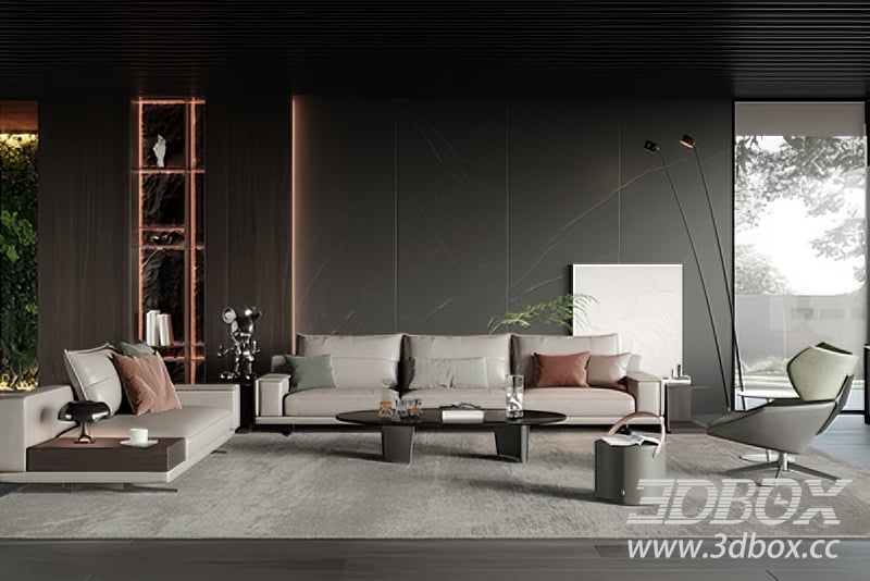 Modern Living Room with Sofas and Decor 3D model - front view
