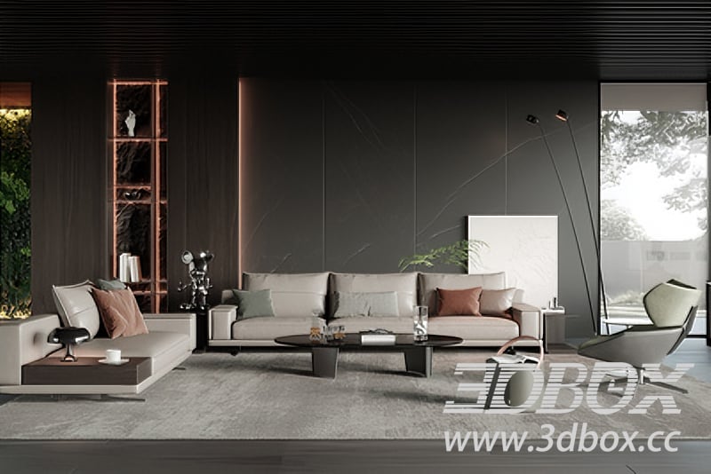 Modern Living Room with Sofas and Decor 3D model - thumbnail 1