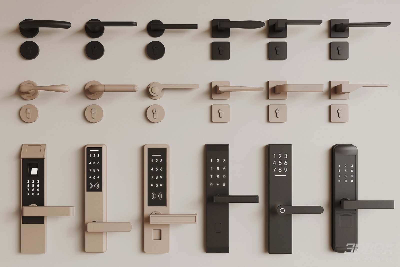 Modern Door Handles and Locks 3D model - front view