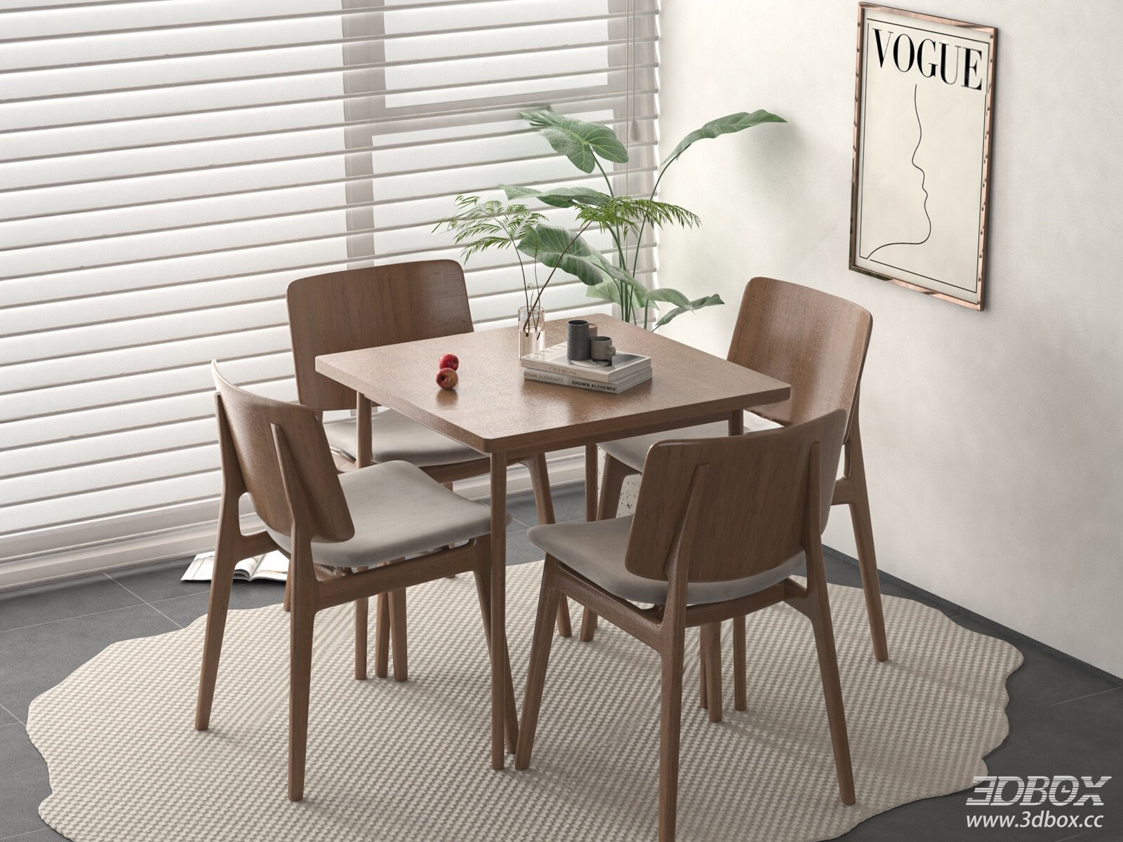 Nordic - style Wooden Dining Table and Chairs 3D model - front view