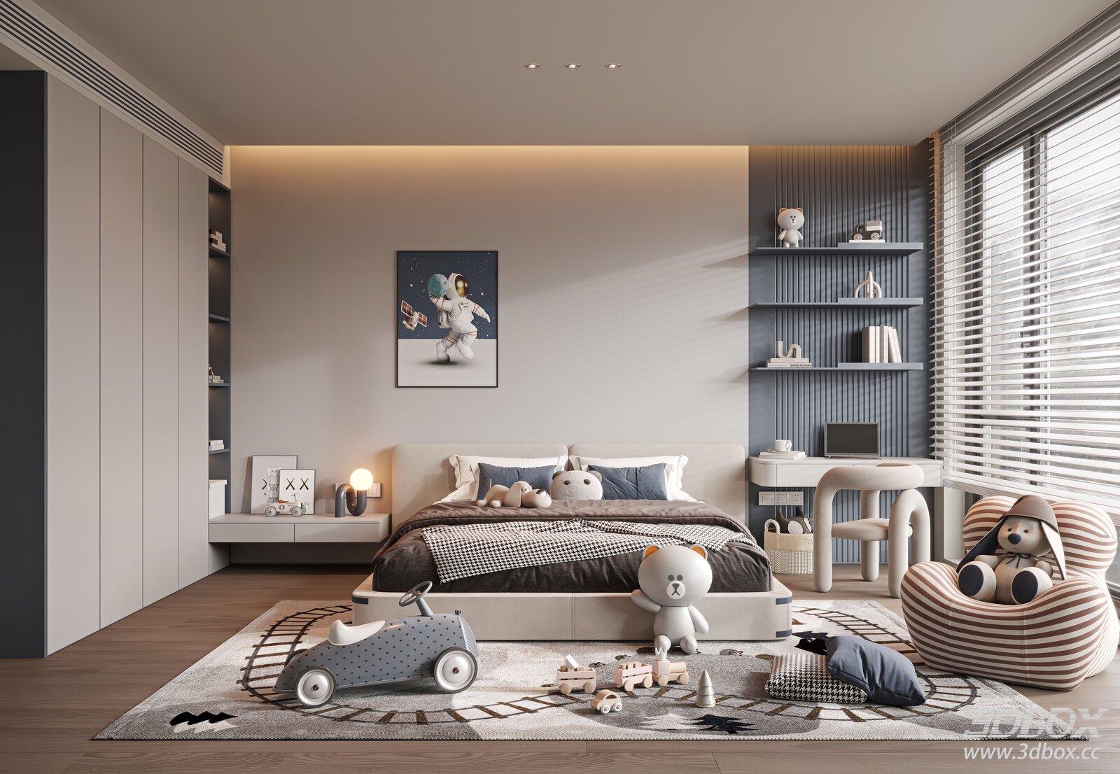Modern Kids Bedroom with Stylish Decor 3D model - front view