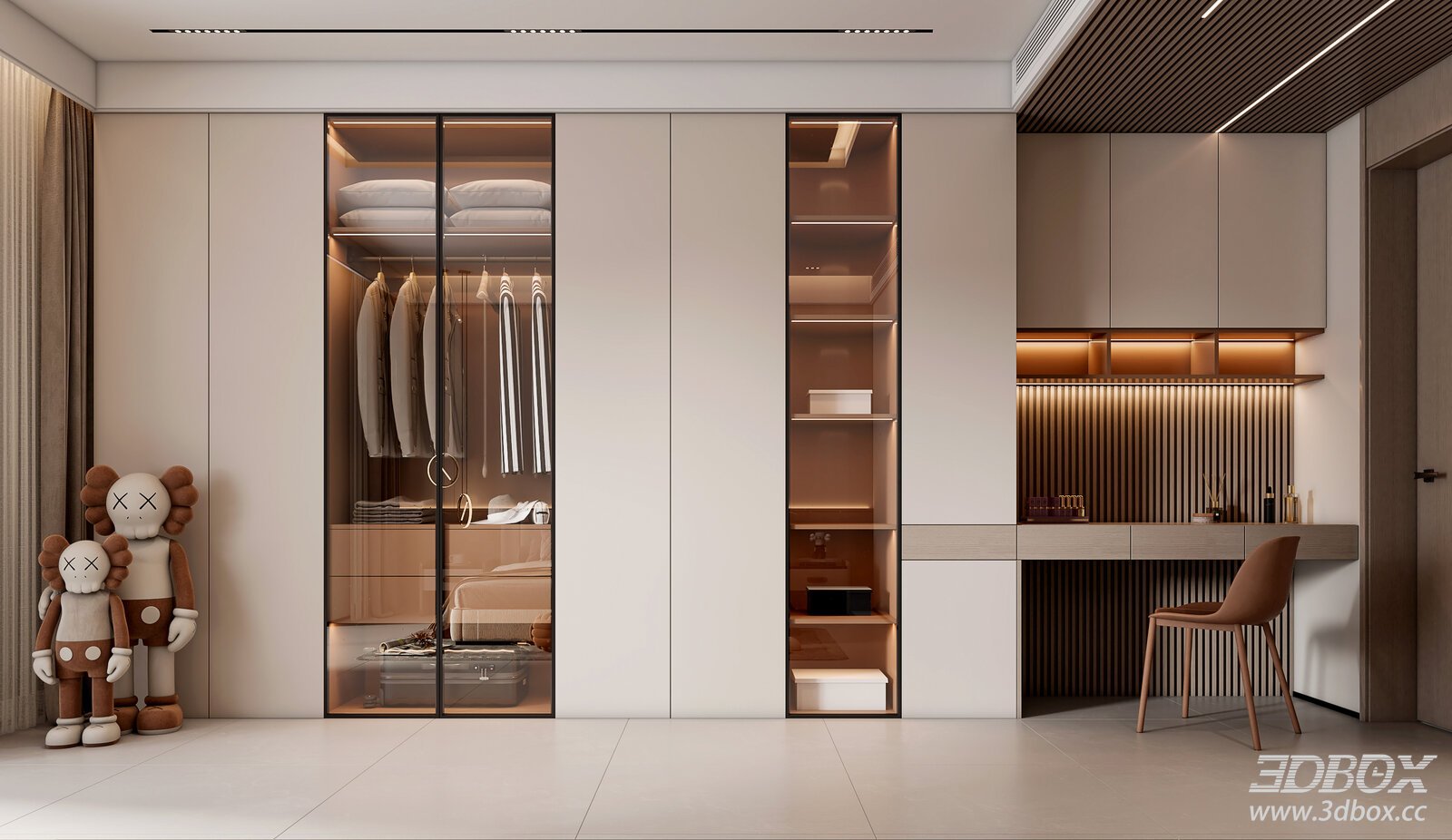 Modern Glass Wardrobe in Bedroom 3D model - front view