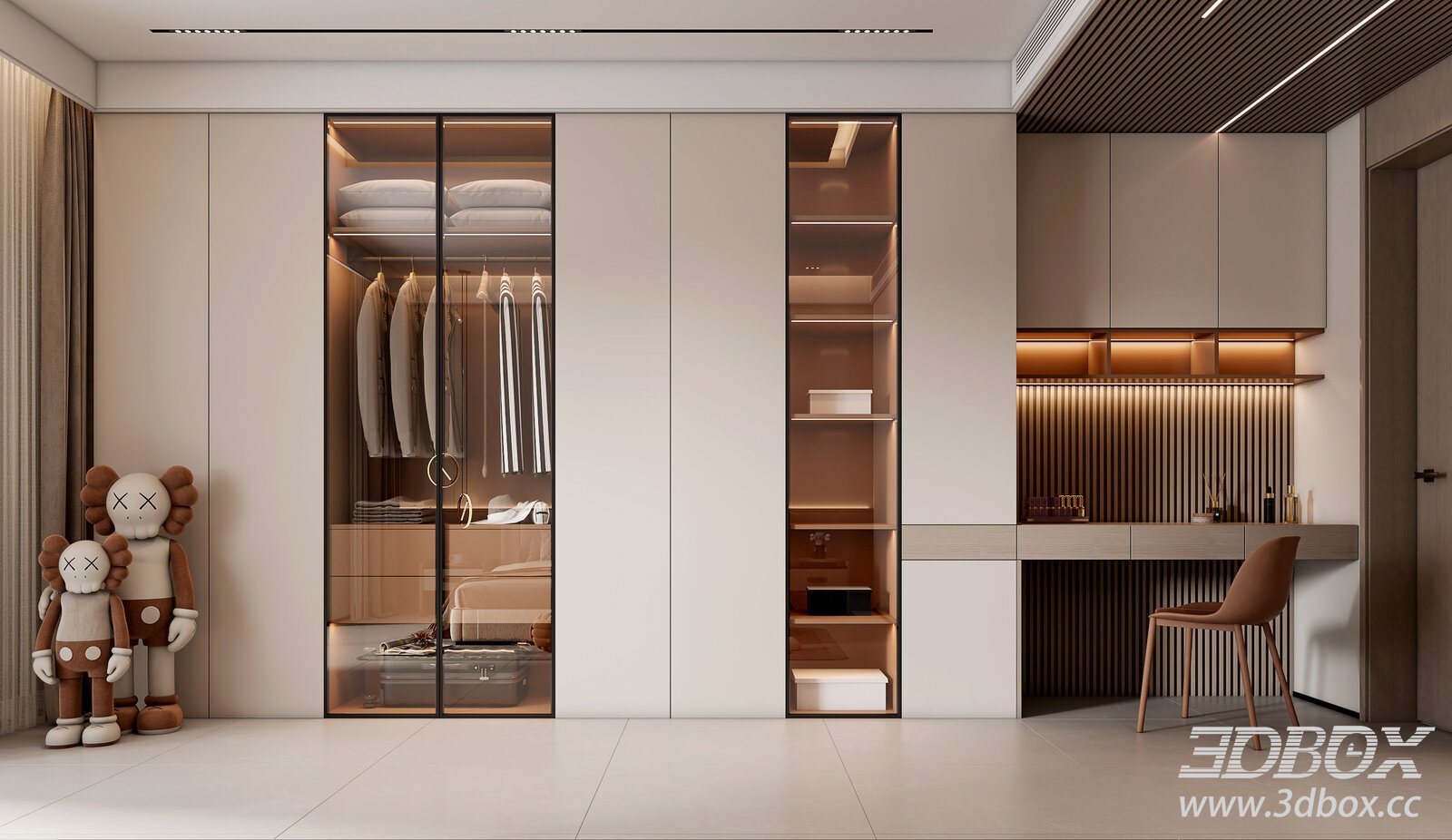 Modern Glass Wardrobe in Bedroom 3D model - thumbnail 1