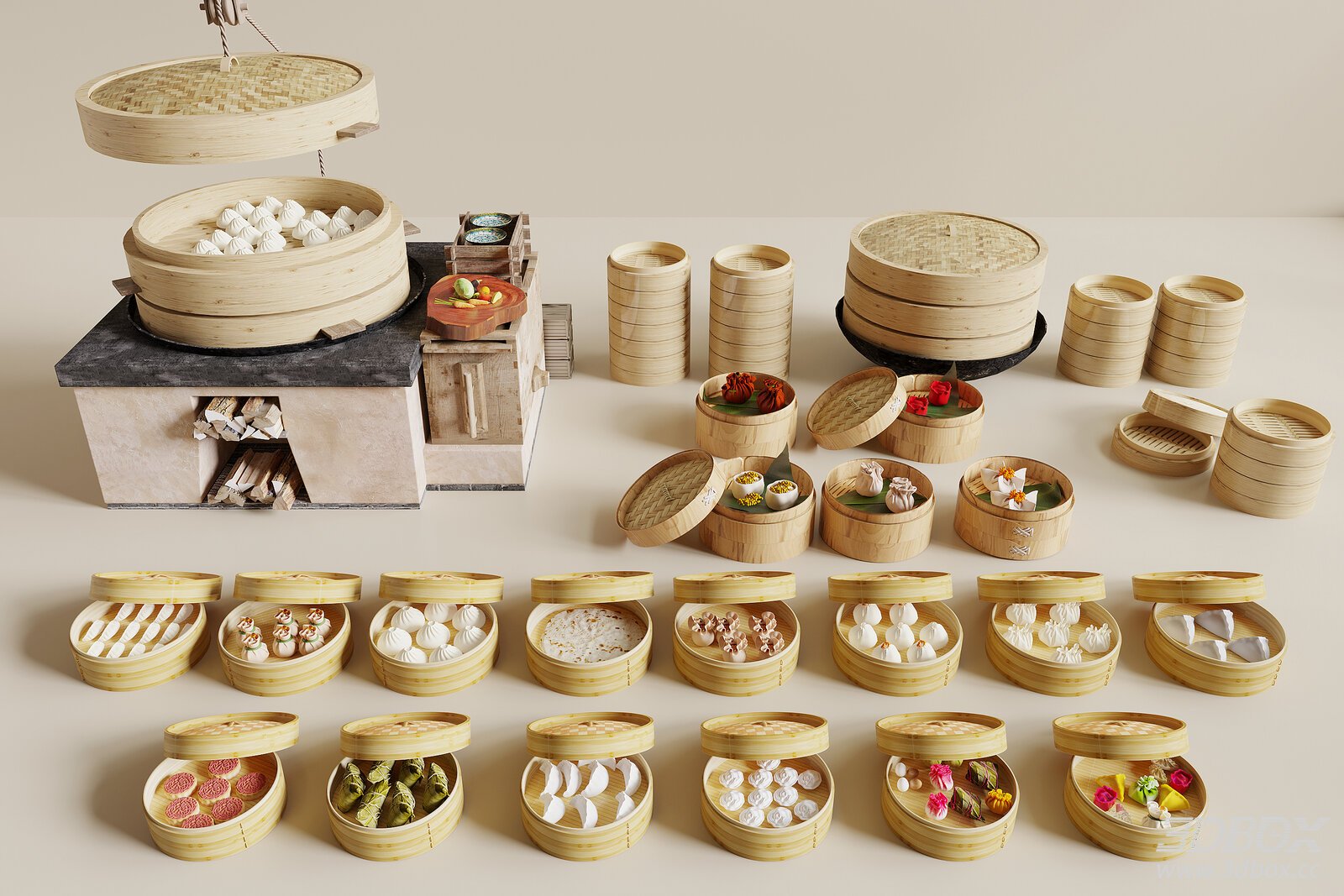 Chinese - style Steamed Food Set 3D model - front view