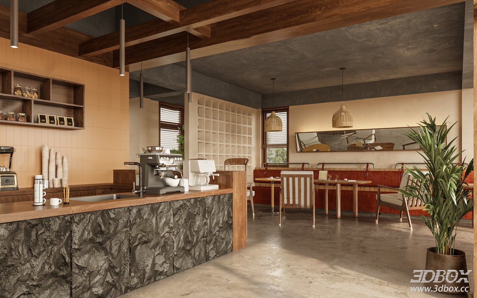 Wabi - Sabi Style Coffee Shop Interior 3D model - thumbnail 1