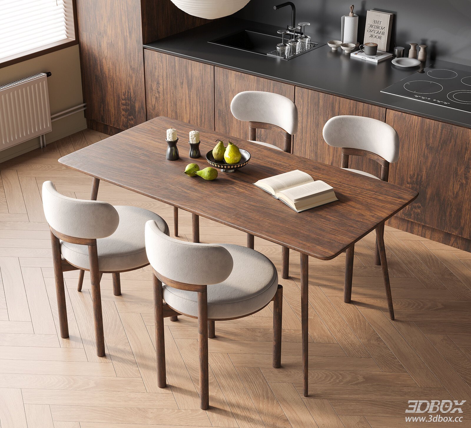 Mid - century Dining Table and Chairs Set 3D model - thumbnail 1