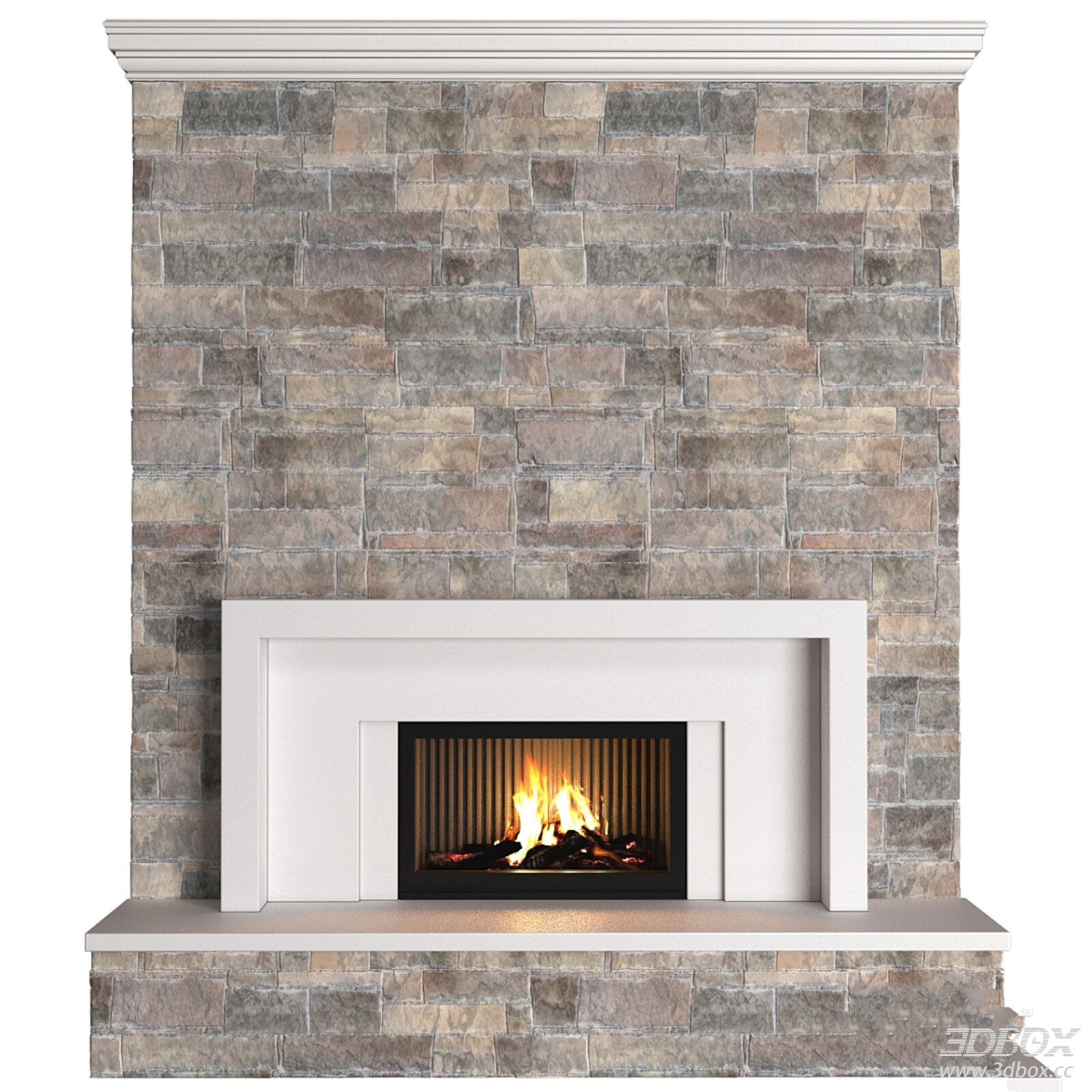 Classic - style Fireplace with Stone Wall 3D model - front view