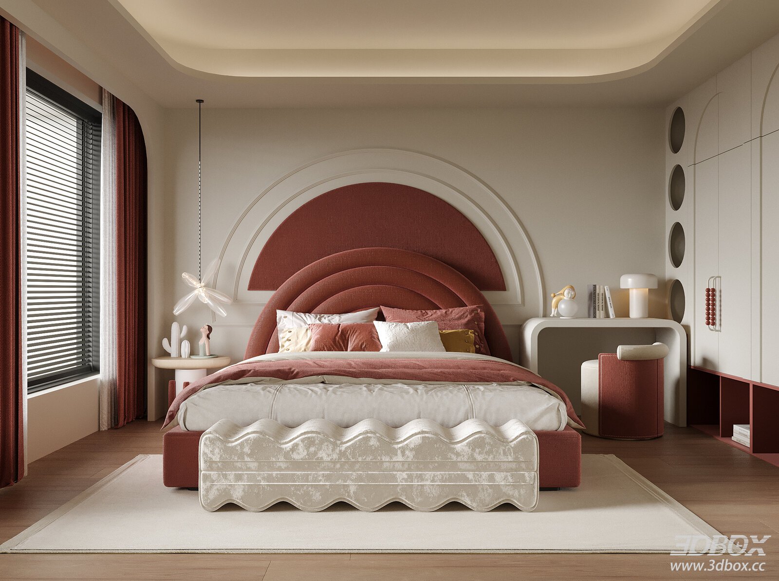 Modern Girls Bedroom with Unique Bed Design 3D model - front view