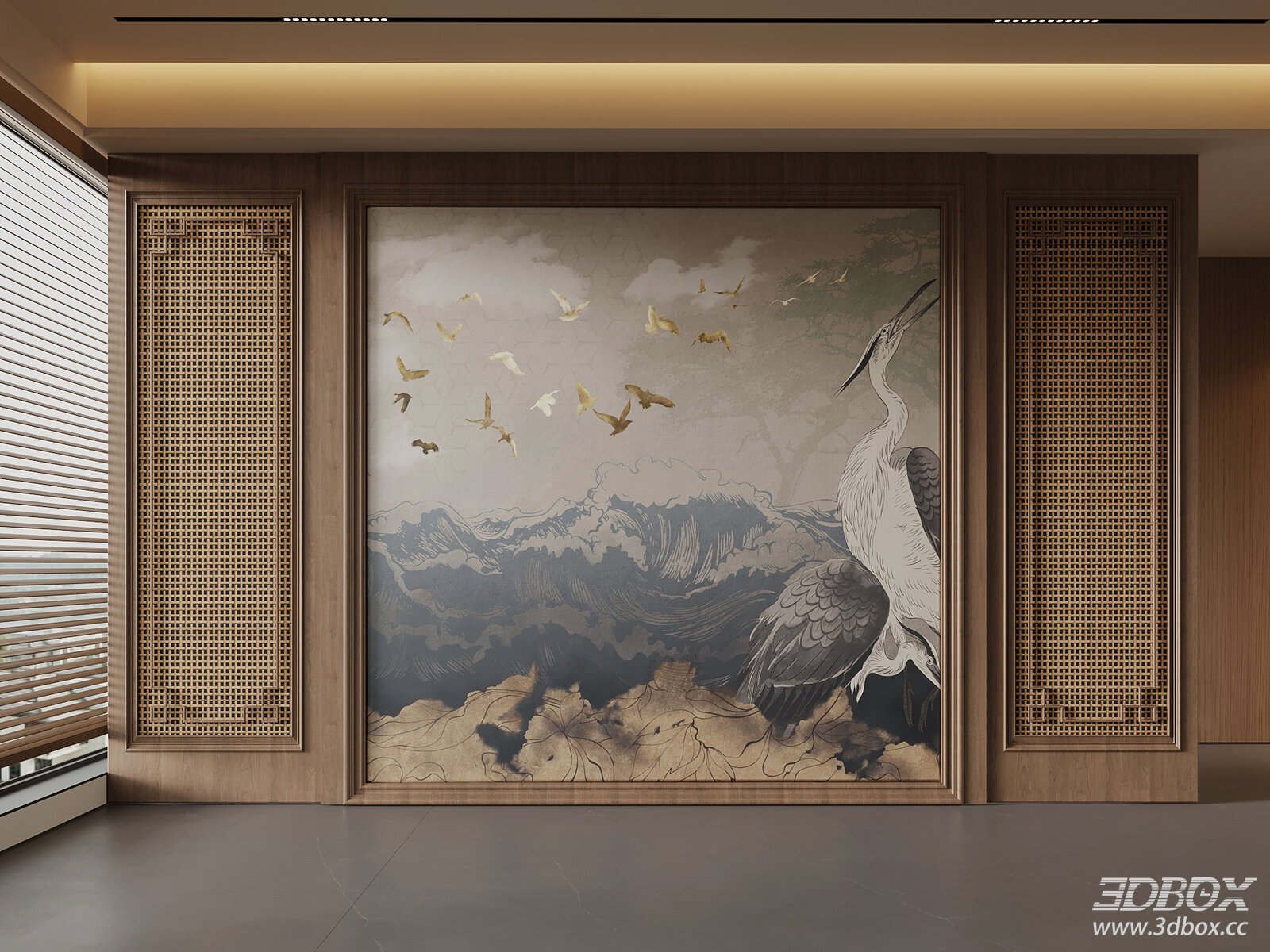 Chinese - style Background Wall 3D model - front view