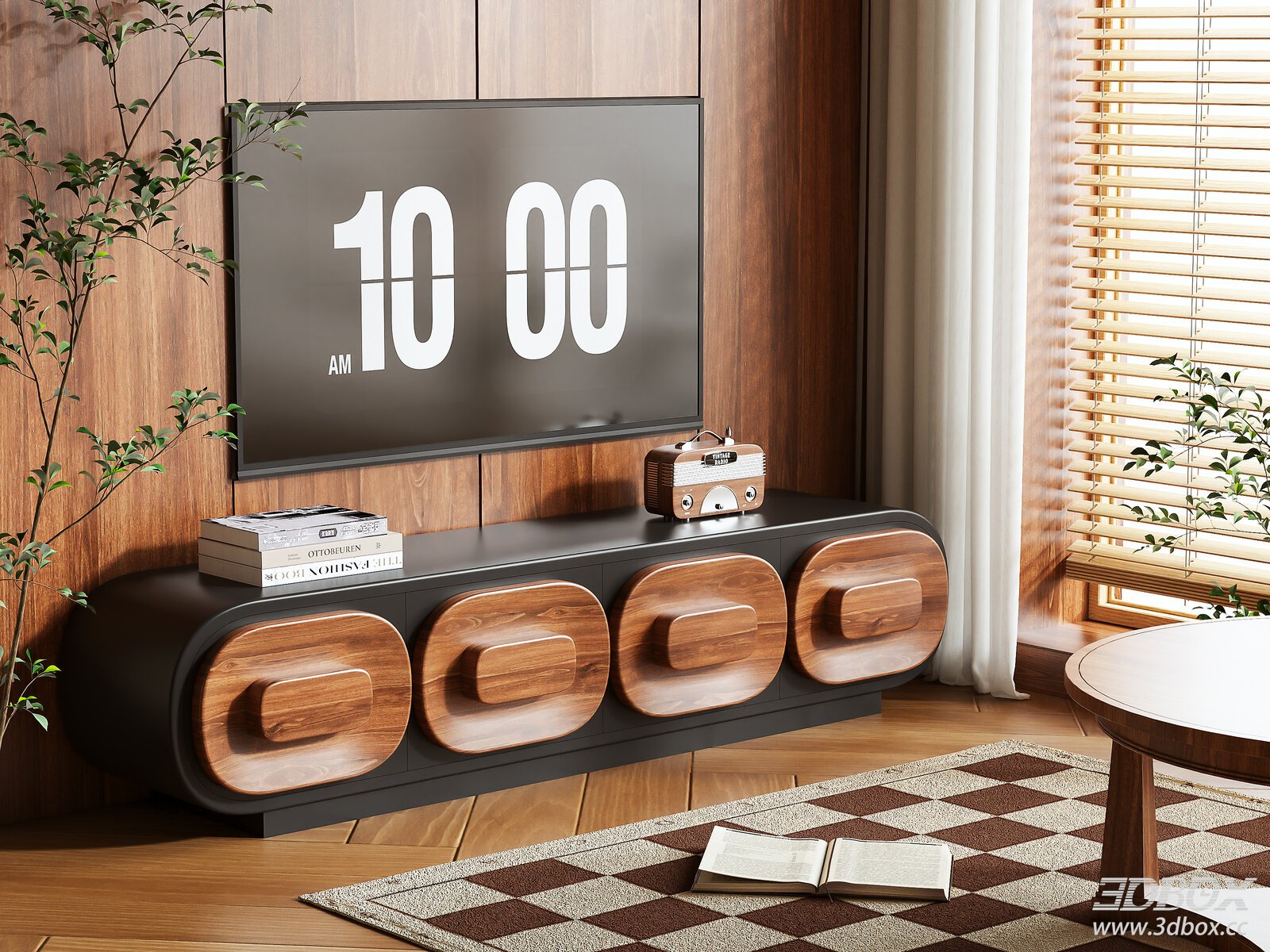 Modern TV Wall Cabinet with Wooden Elements 3D model - front view