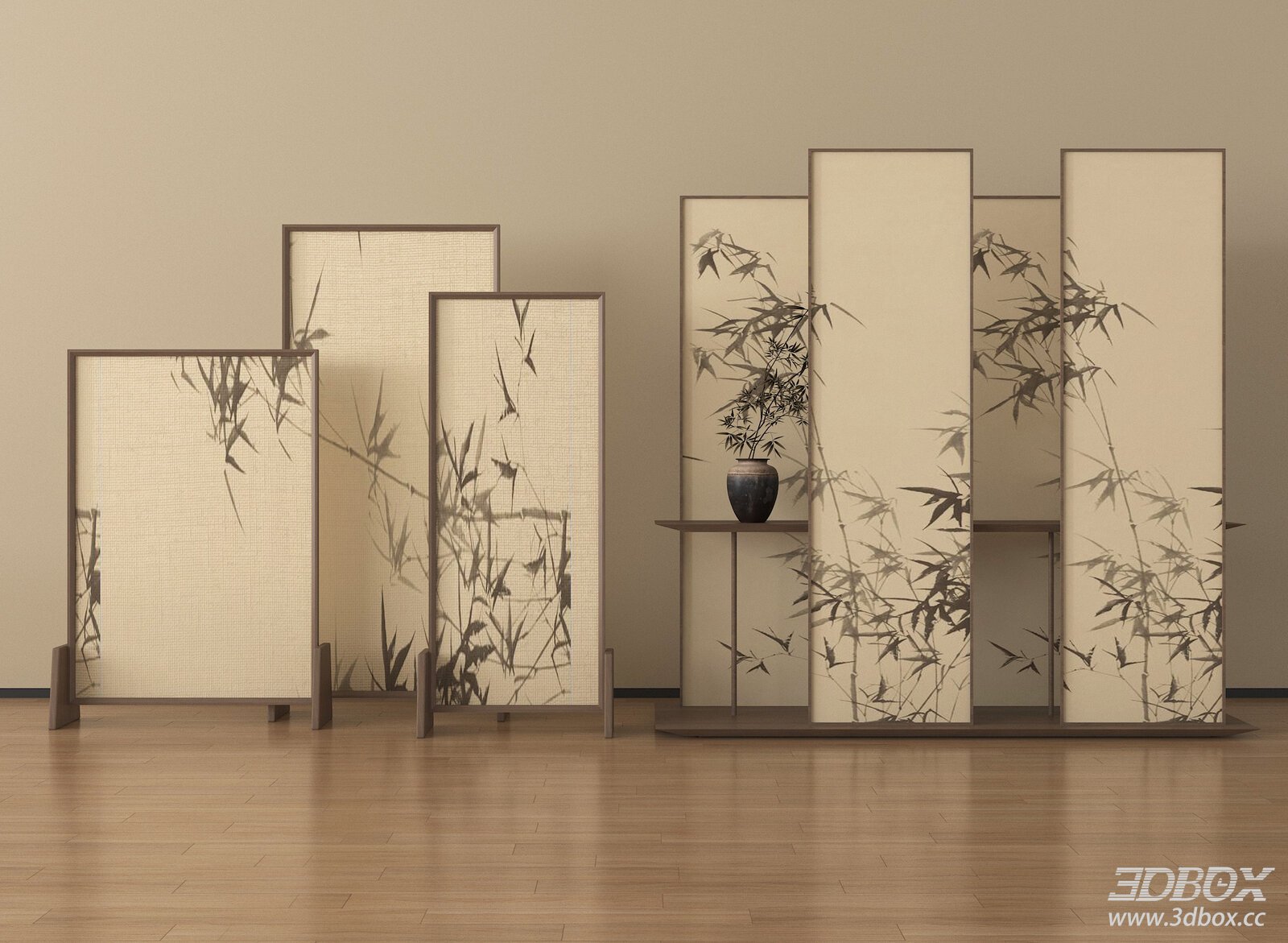 Chinese - style Room Dividers with Bamboo Pattern 3D model - front view