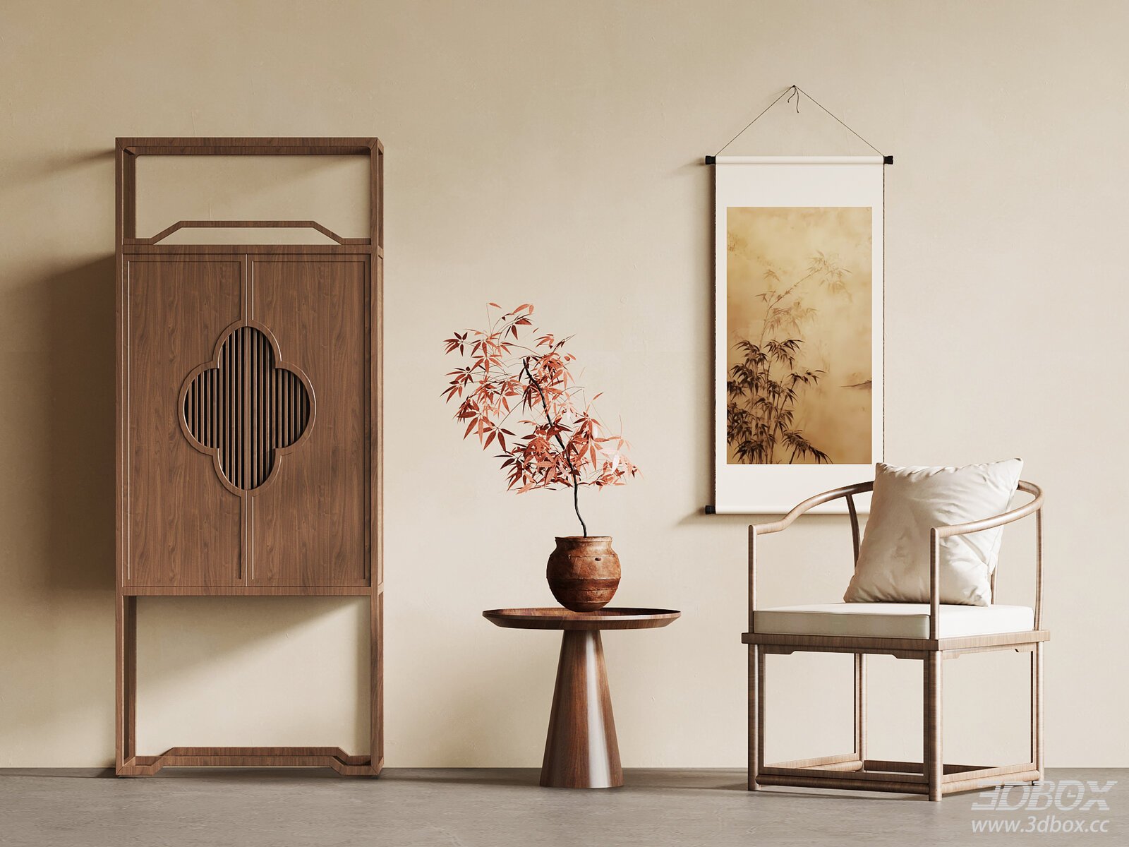 Chinese - style Leisure Chair, Cabinet and Scroll Painting 3D model - front view