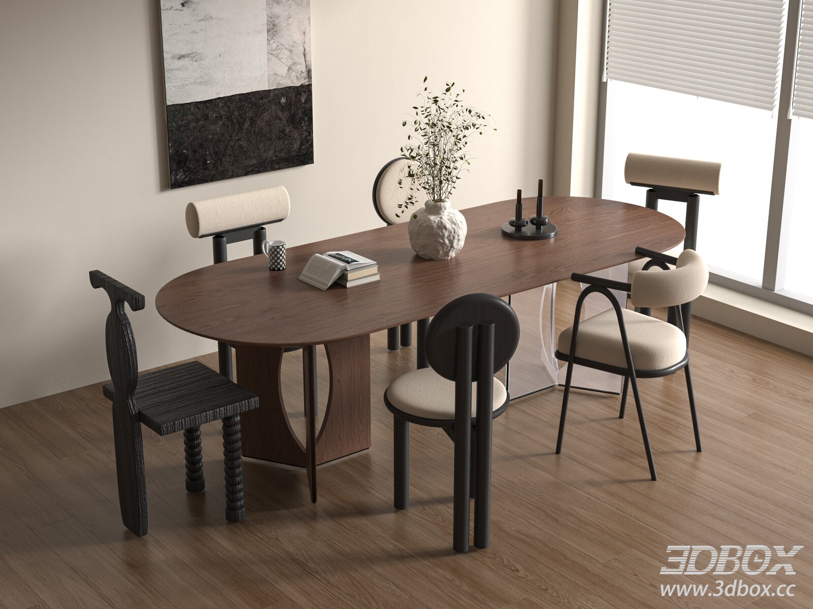 French Mid - Century Dining Table and Chairs 3D model - thumbnail 1
