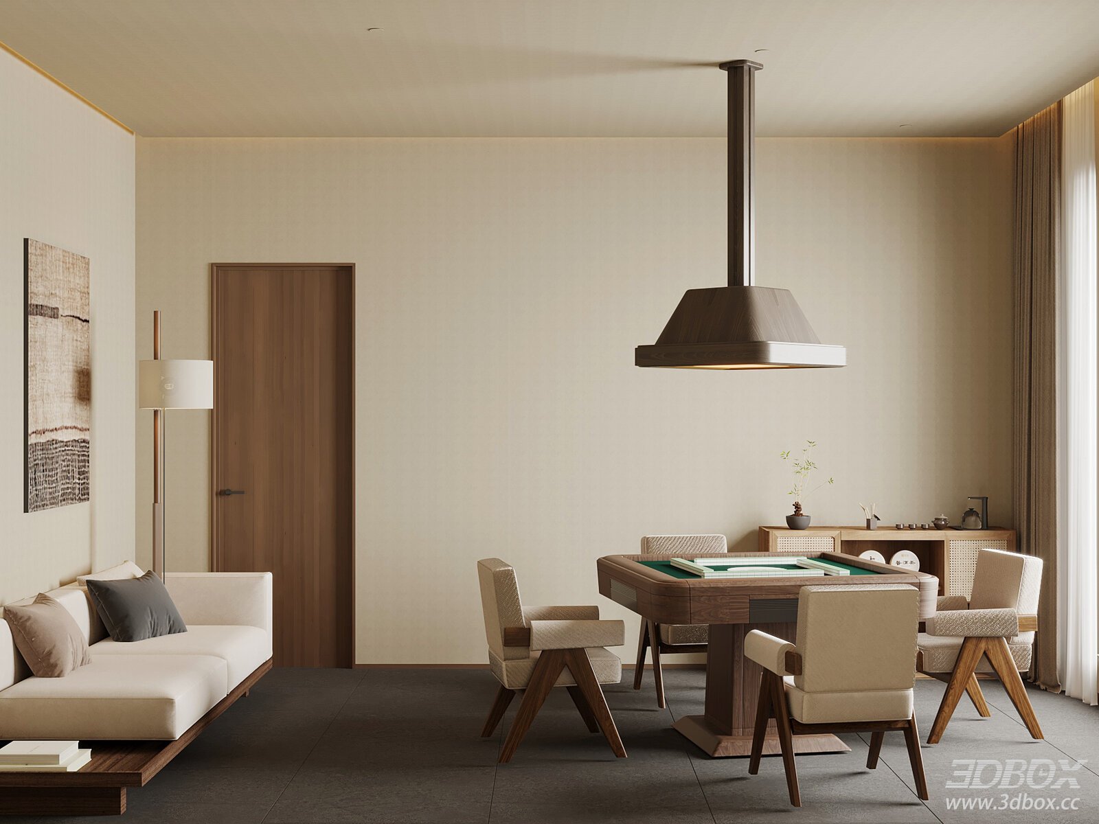 Modern Wabi - Sabi Style Mahjong Room with Sofa 3D model - front view