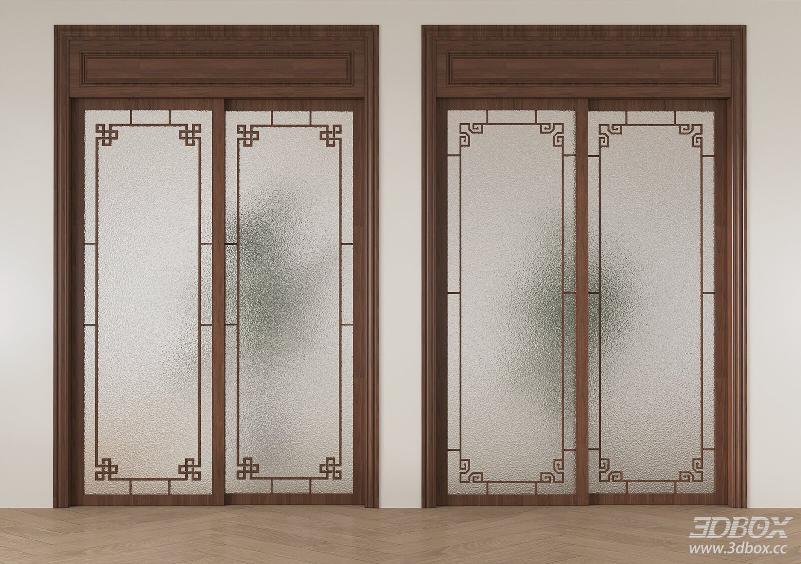 Chinese - style Sliding Doors with Patterned Glass 3D model - front view