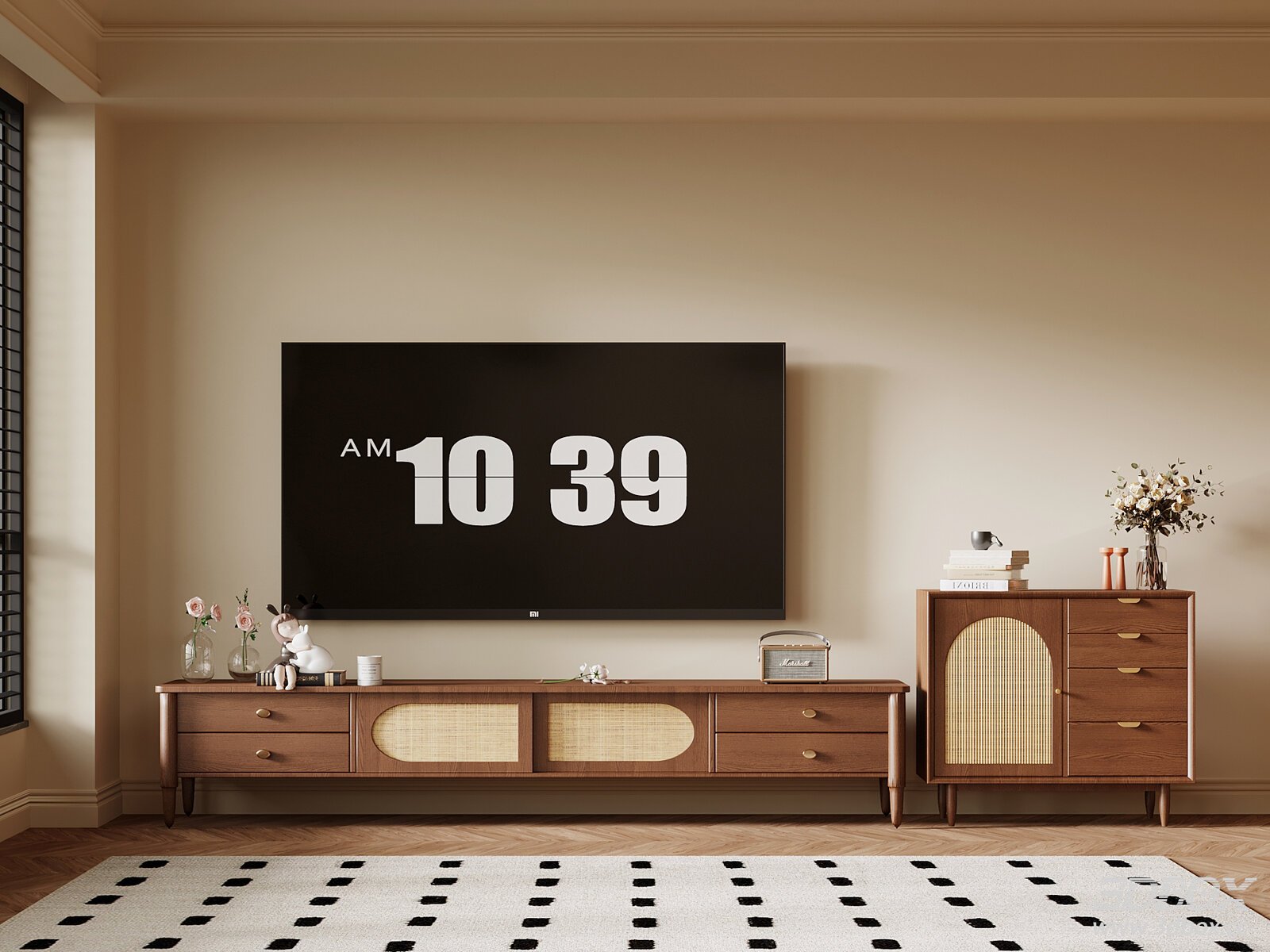 Mid - century Modern TV Wall and Cabinets 3D model - thumbnail 1