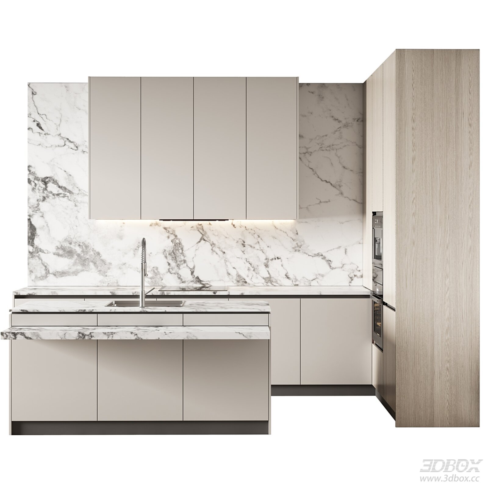 Modern Kitchen Cabinetry with Marble Backsplash 3D model - front view