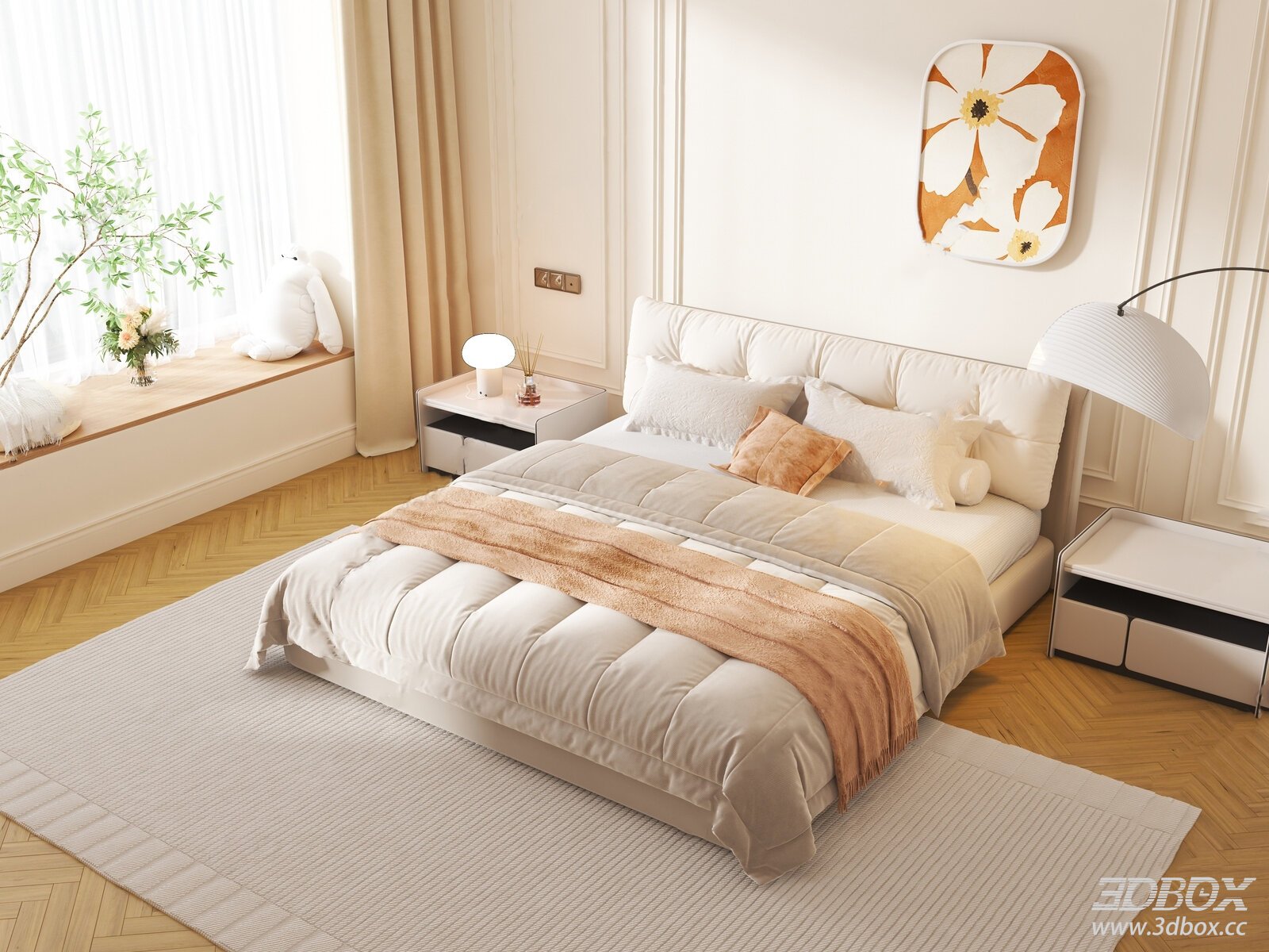 Modern Double - bed Bedroom with Soft Decor 3D model - front view