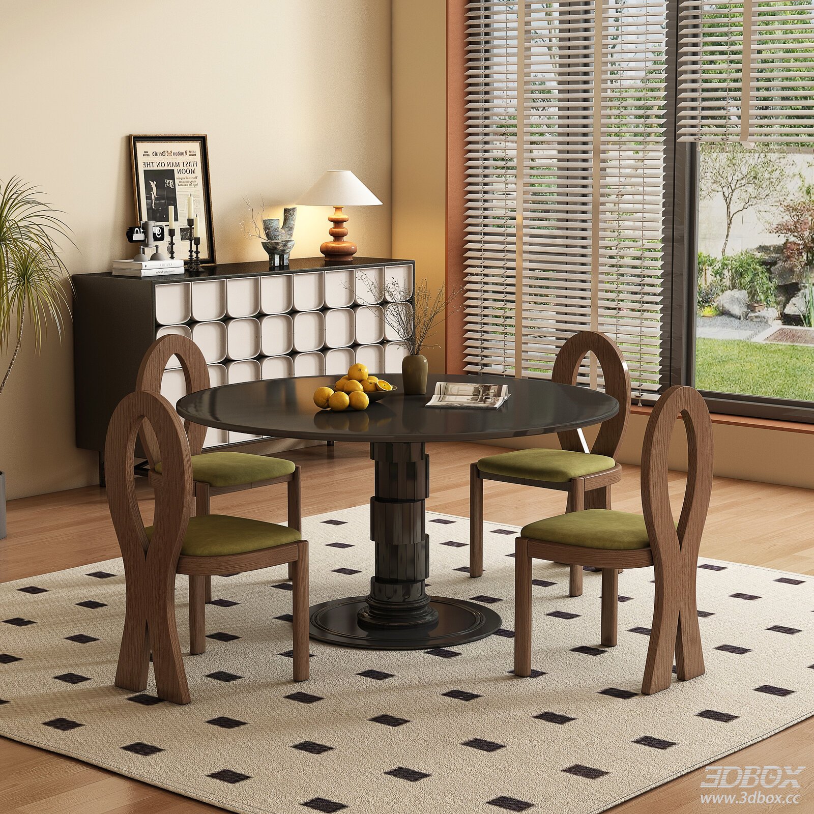 Vintage - style Dining Room with Round Table and Chairs 3D model - front view